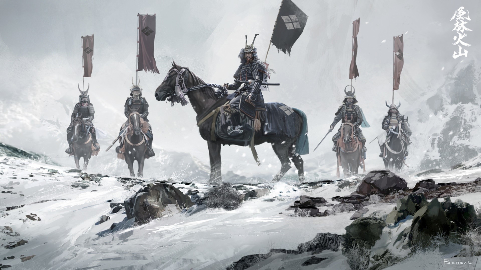 Samurai warriors on horseback in a snowy mountain landscape HD Wallpaper