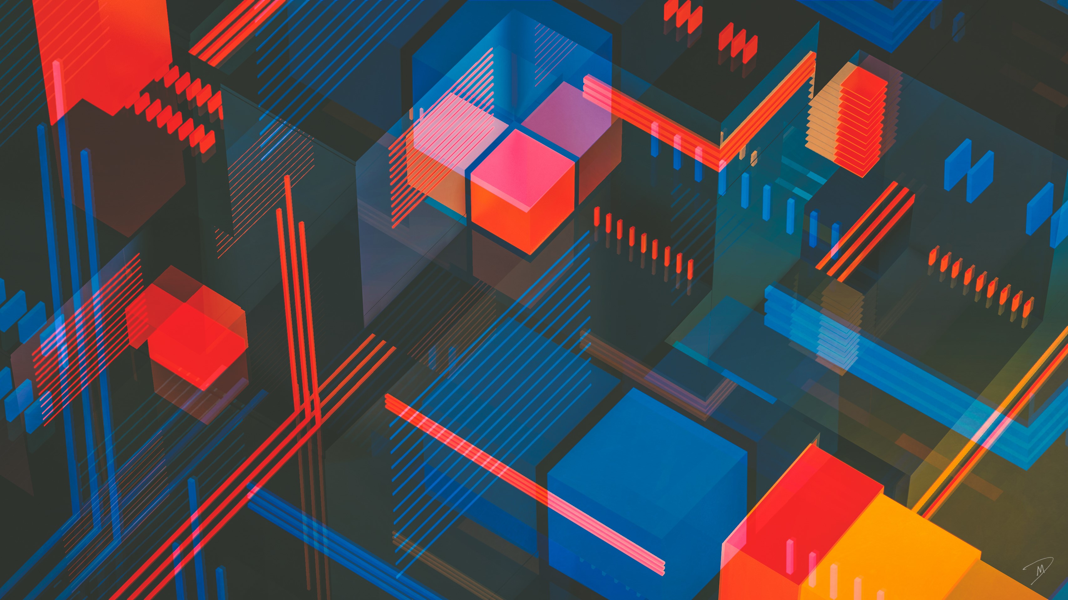 Abstract 3D geometric shapes with red, blue, and orange colors HD Wallpaper