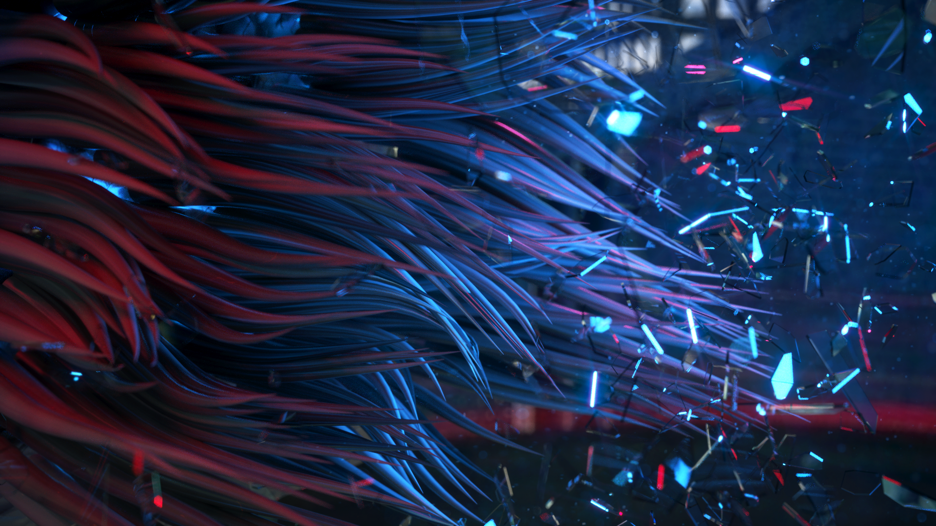 Abstract 3D render of red and blue strands with broken glass HD Wallpaper