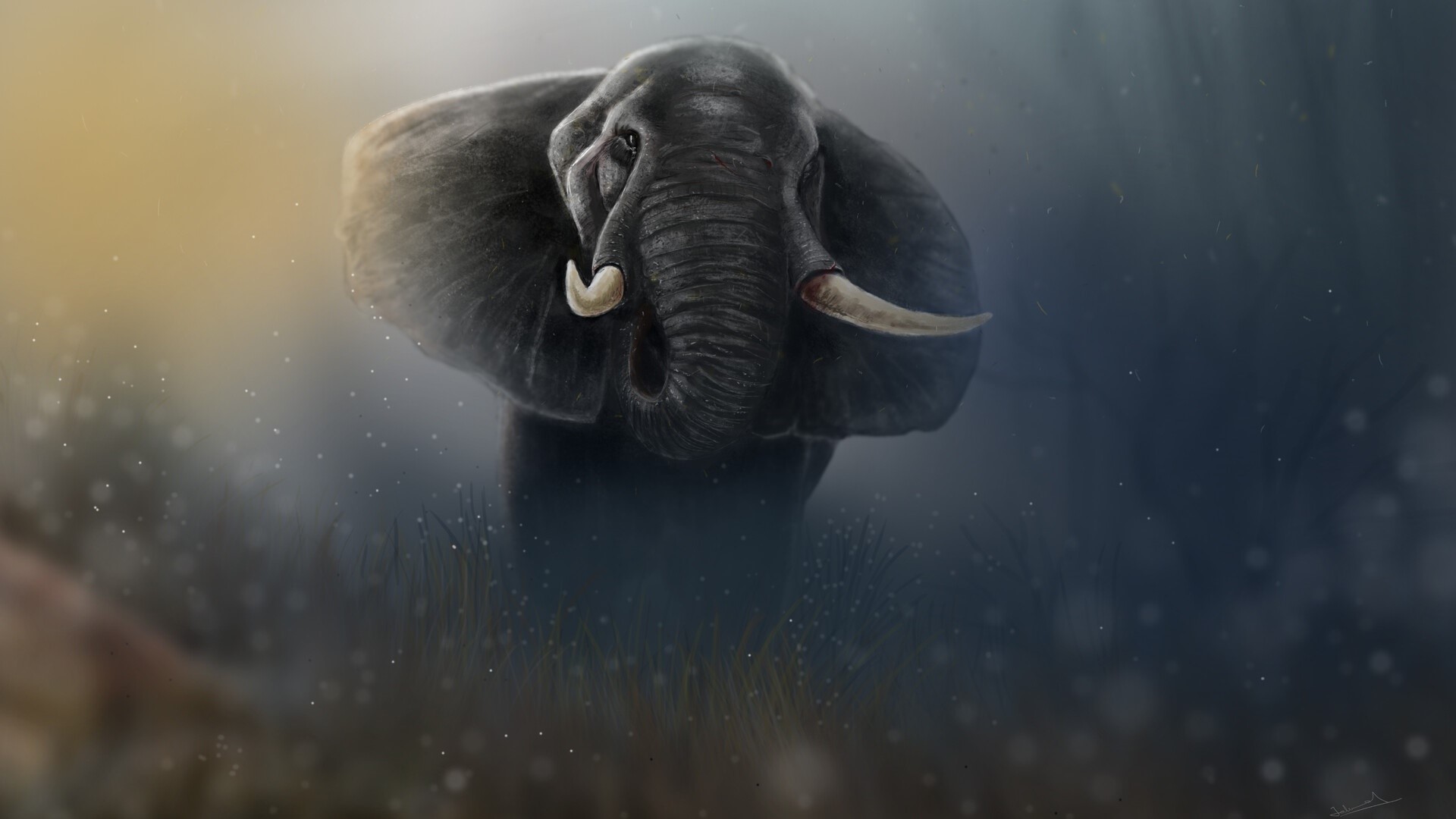 Artwork of an elephant in a misty environment HD Wallpaper