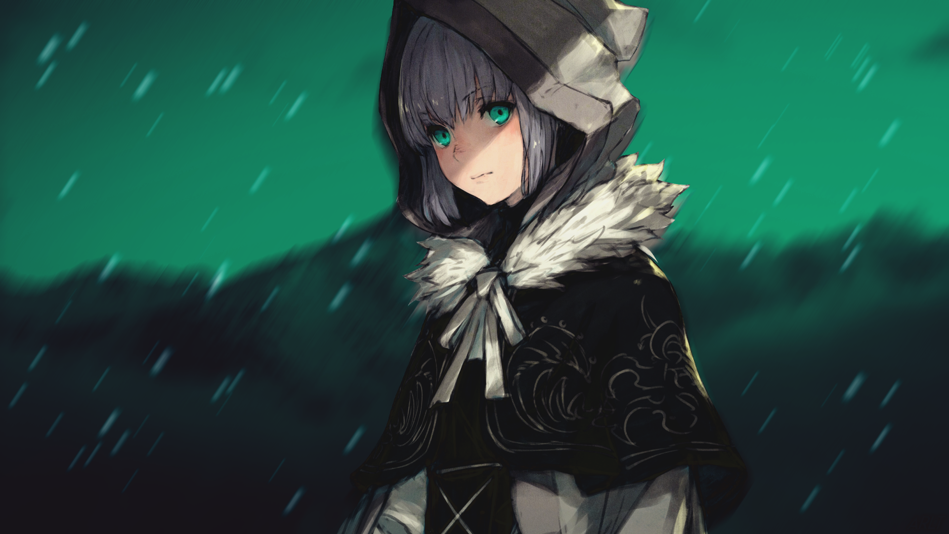 Anime girl with green eyes in a hooded cloak HD Wallpaper