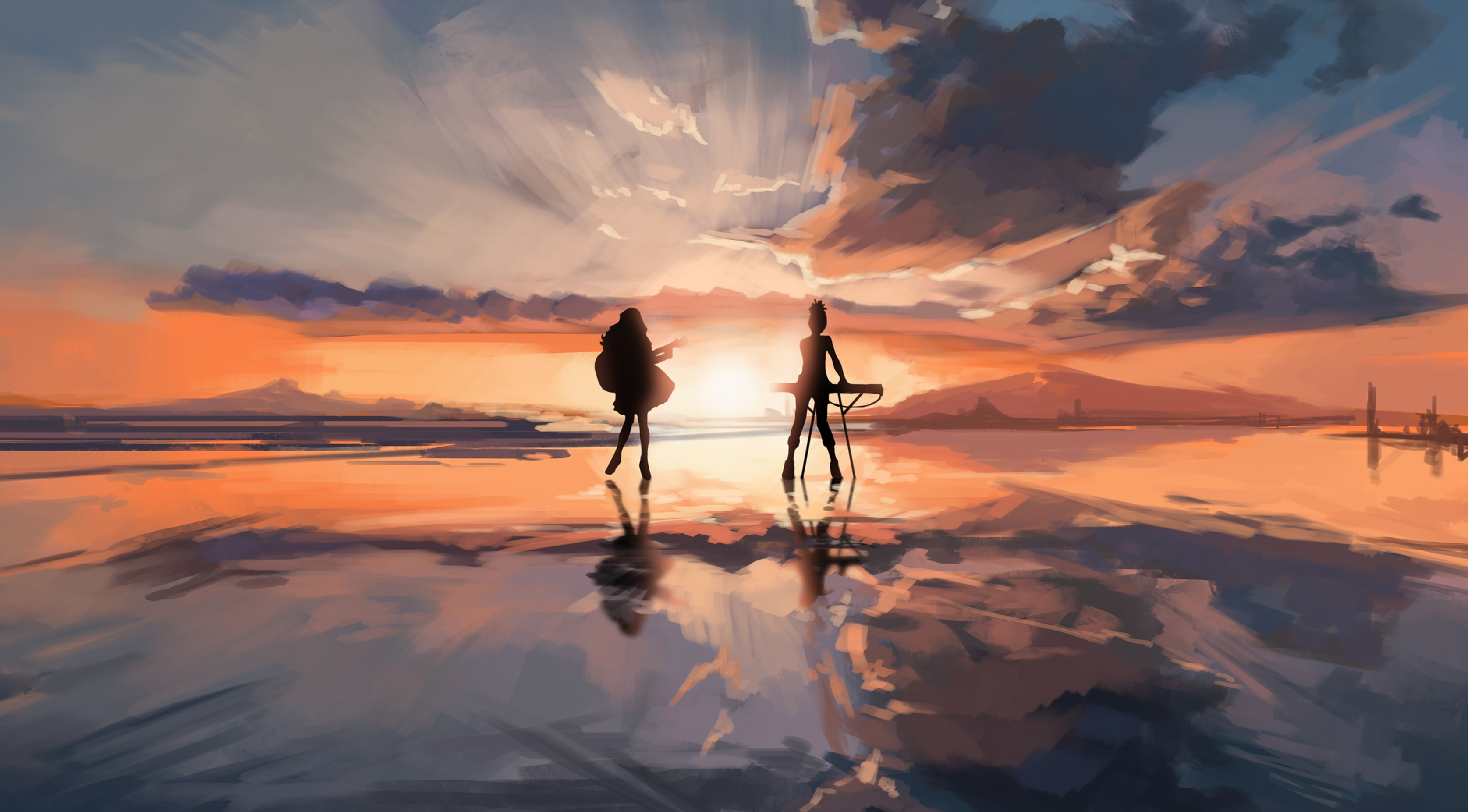 Carole & Tuesday playing music at sunset HD Wallpaper
