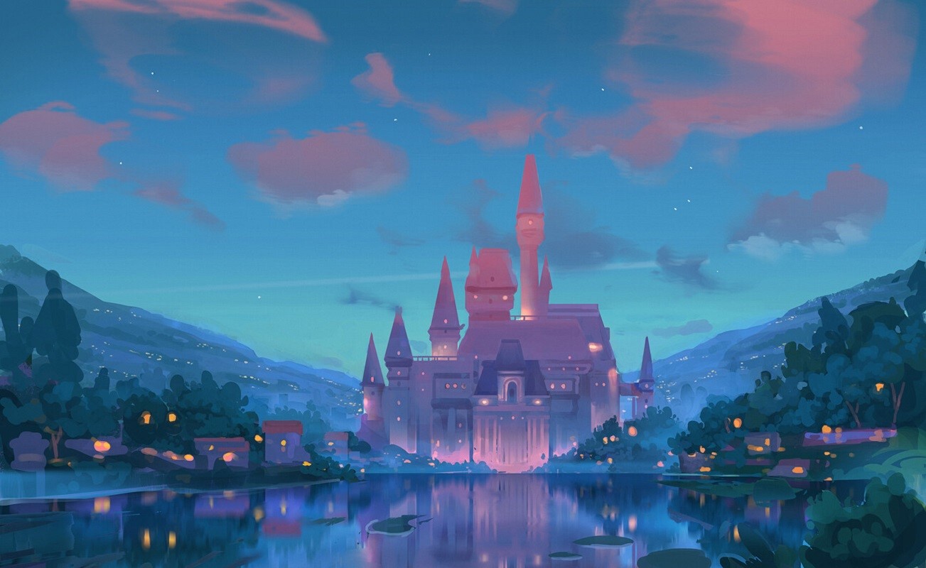 Fantasy castle by a lake at dusk HD Wallpaper