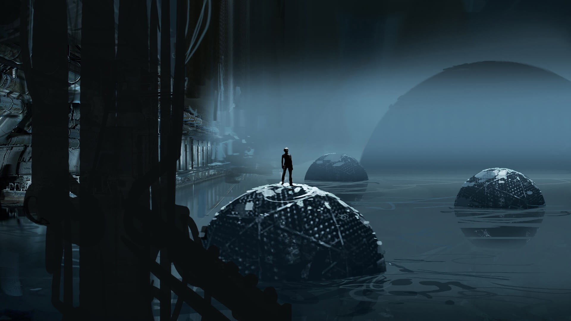 Figure standing on a spherical object in a foggy, watery environment HD Wallpaper