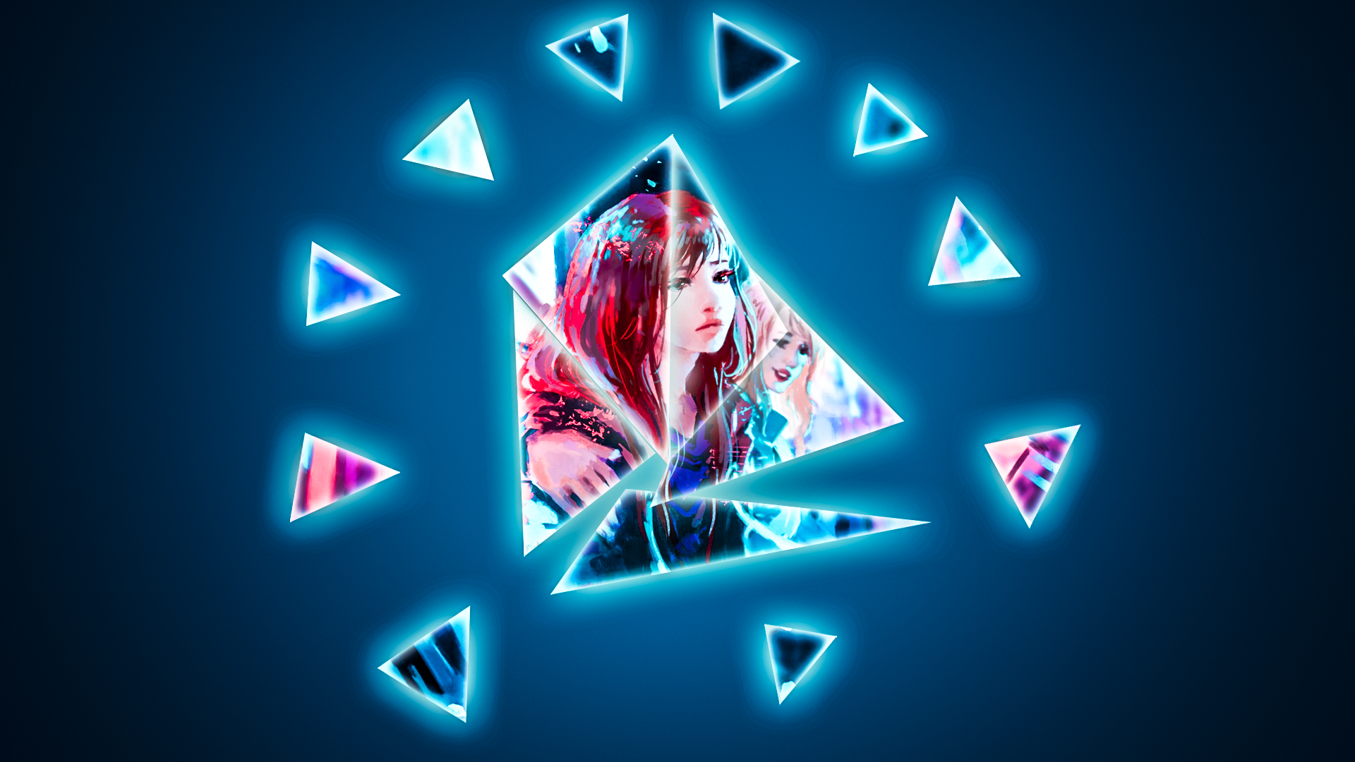 Abstract artwork with women and blue triangles HD Wallpaper
