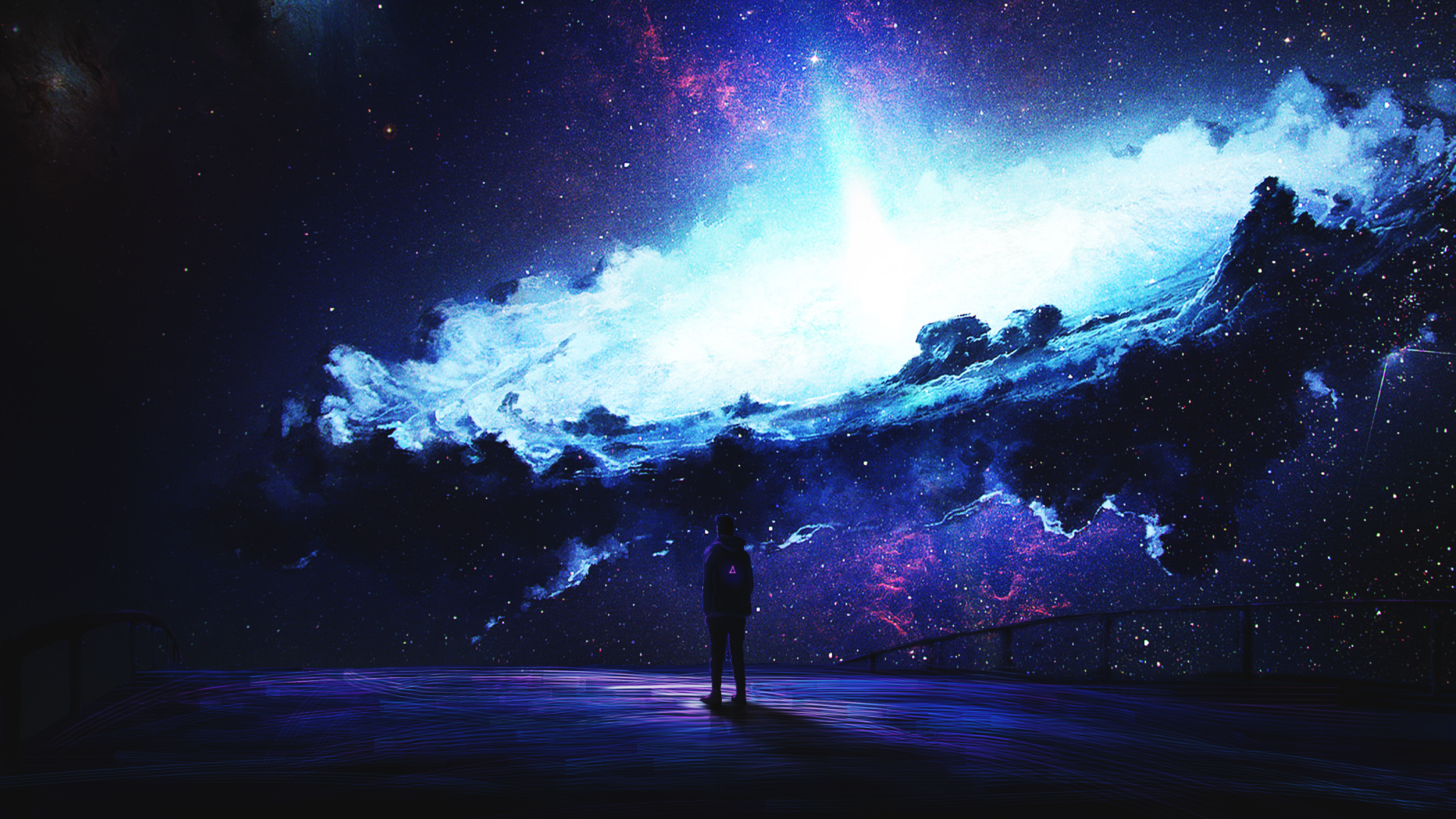 Person standing on a platform looking at a galaxy HD Wallpaper
