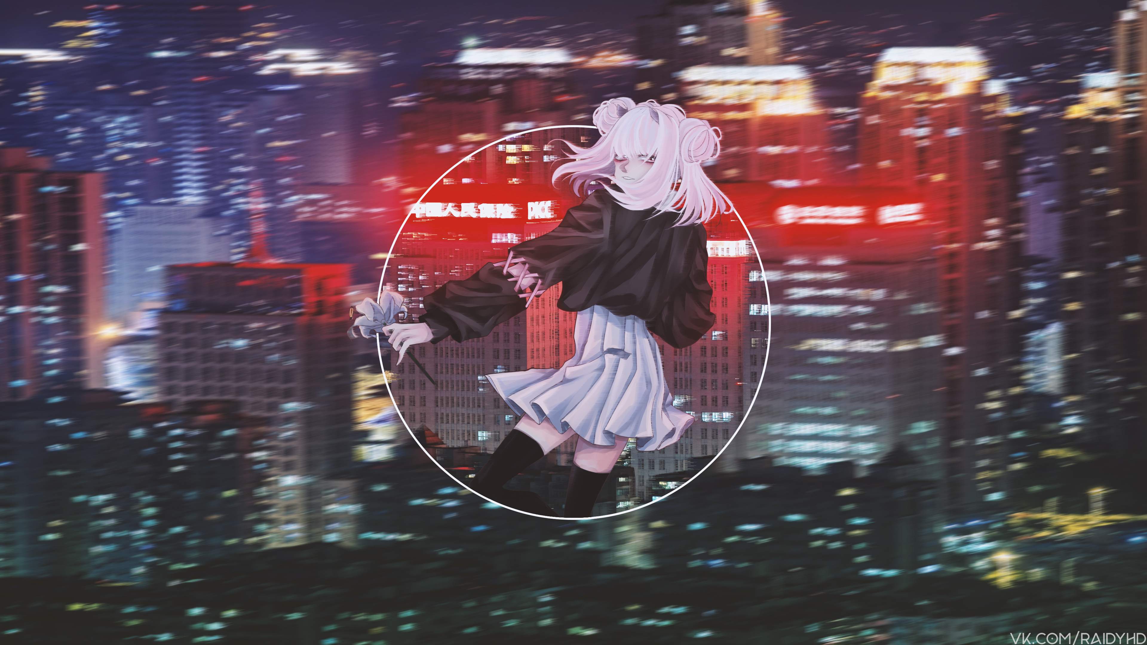 Anime girl with pink hair in a city at night HD Wallpaper