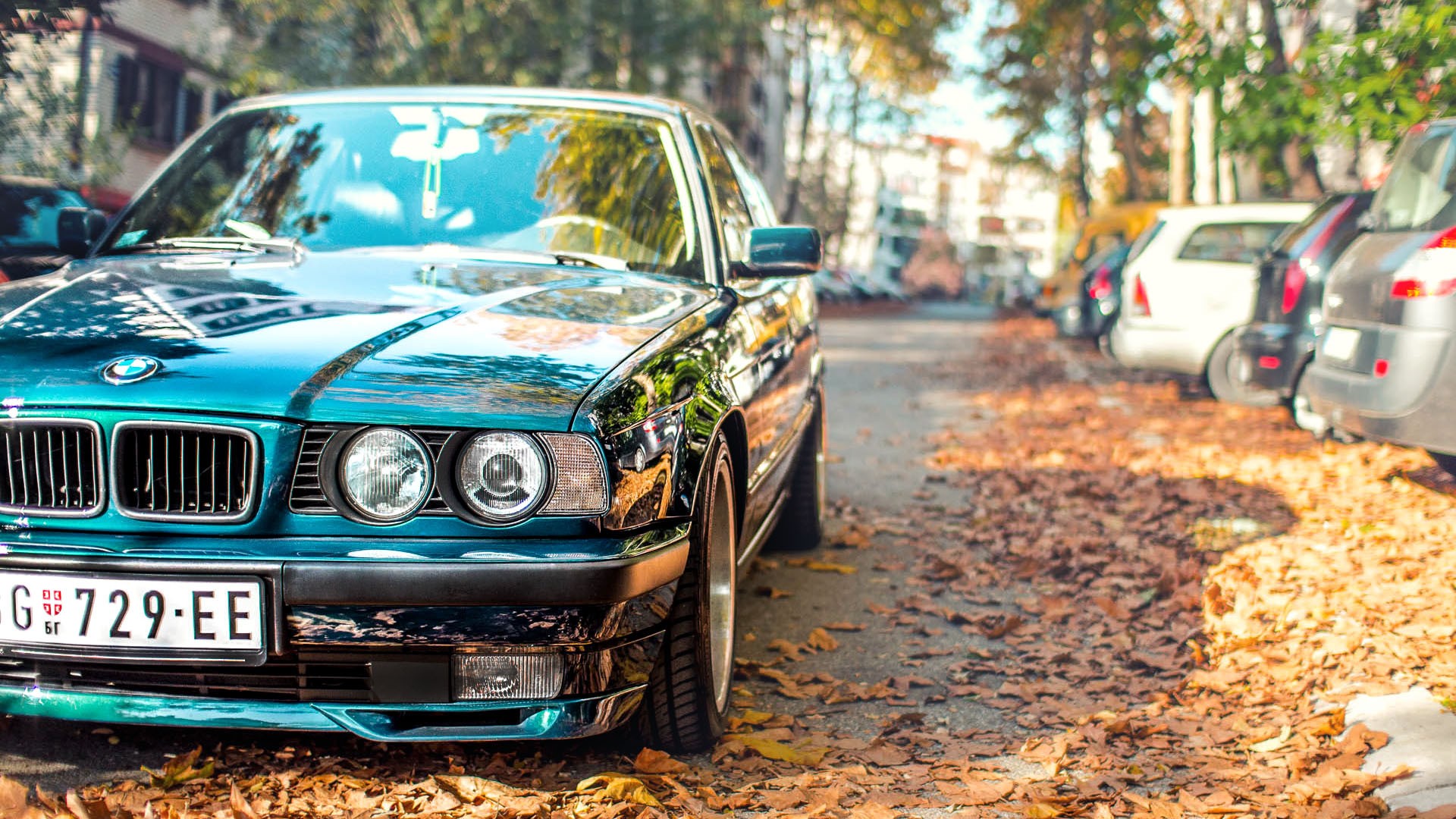 Teal BMW E34 parked on a street with fallen leaves HD Wallpaper