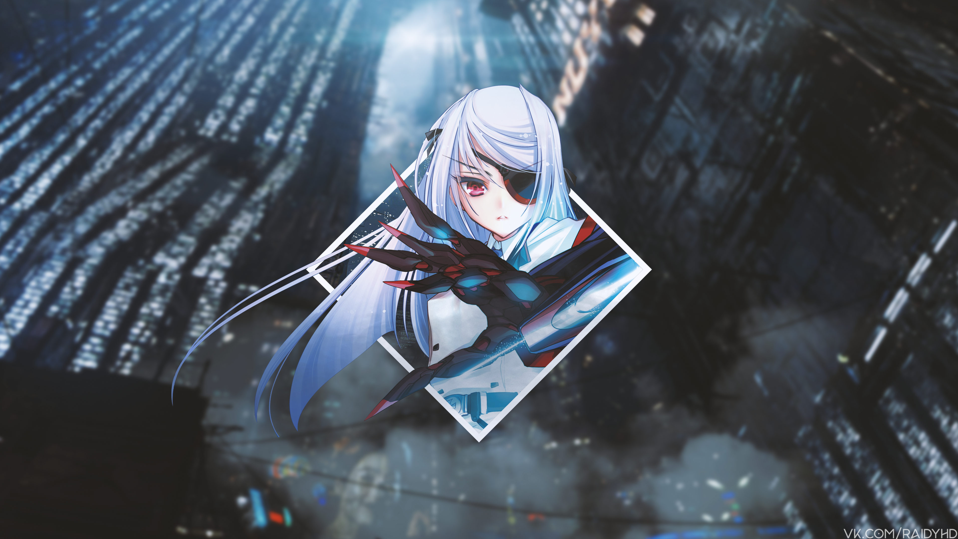 Anime girl with eyepatch and cybernetic arm HD Wallpaper