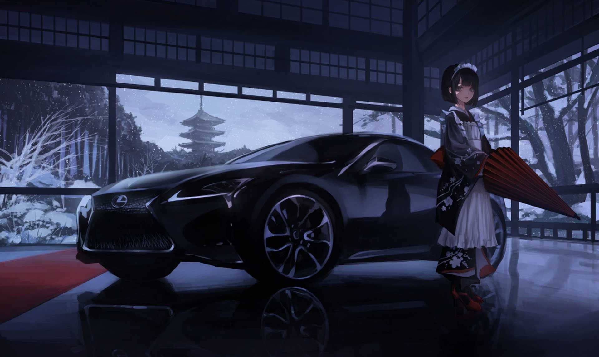Anime girl in kimono with Lexus car HD Wallpaper