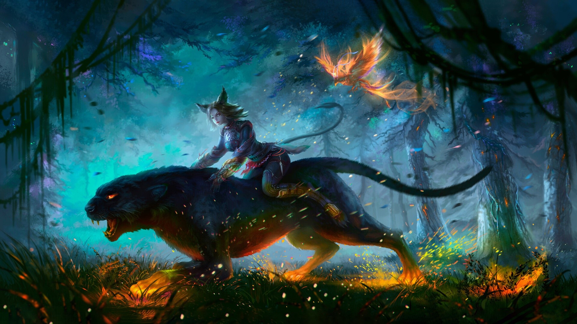 Fantasy girl riding a panther in a forest with a phoenix HD Wallpaper
