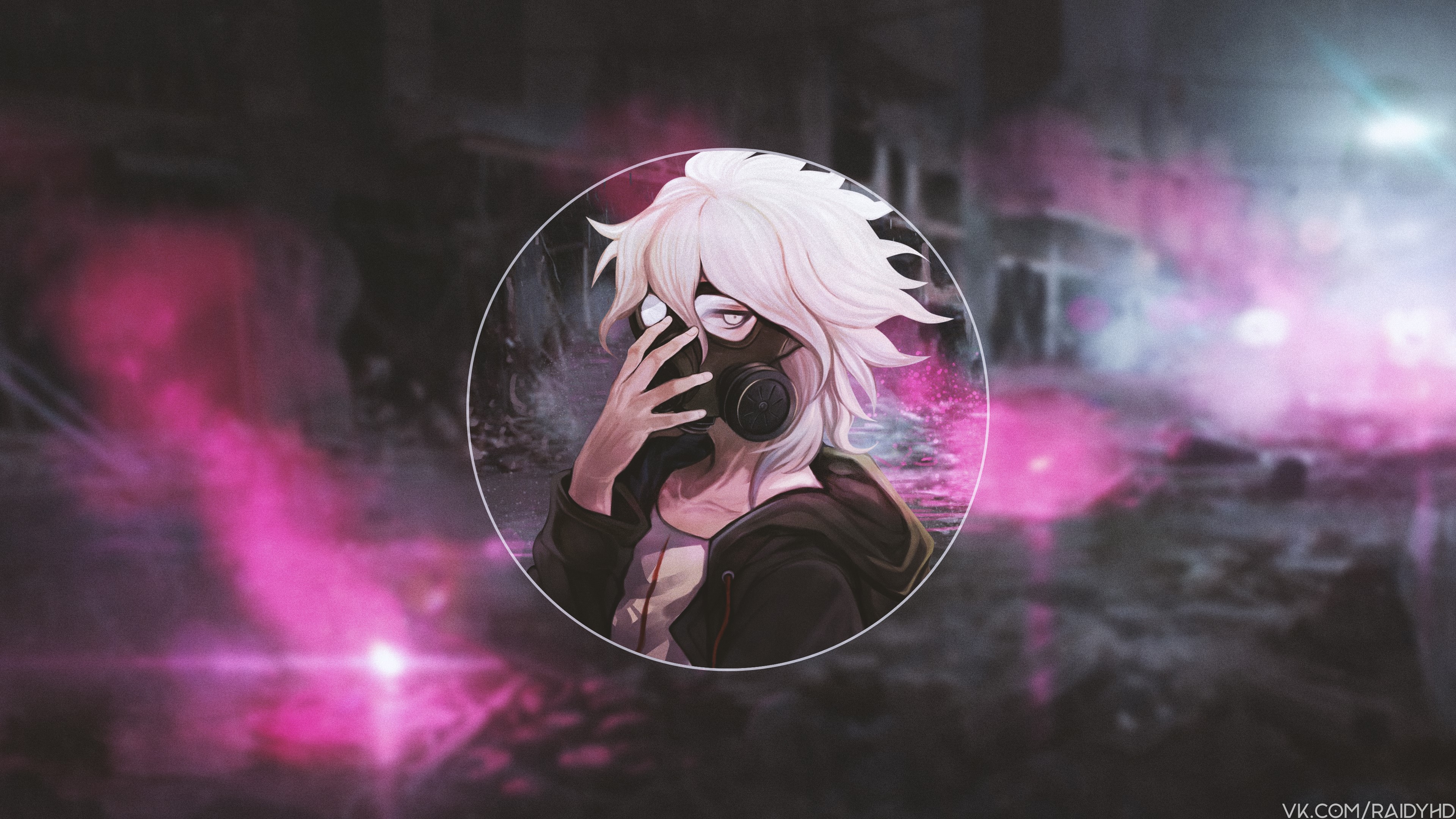 Anime character with gas mask in pink smoke HD Wallpaper