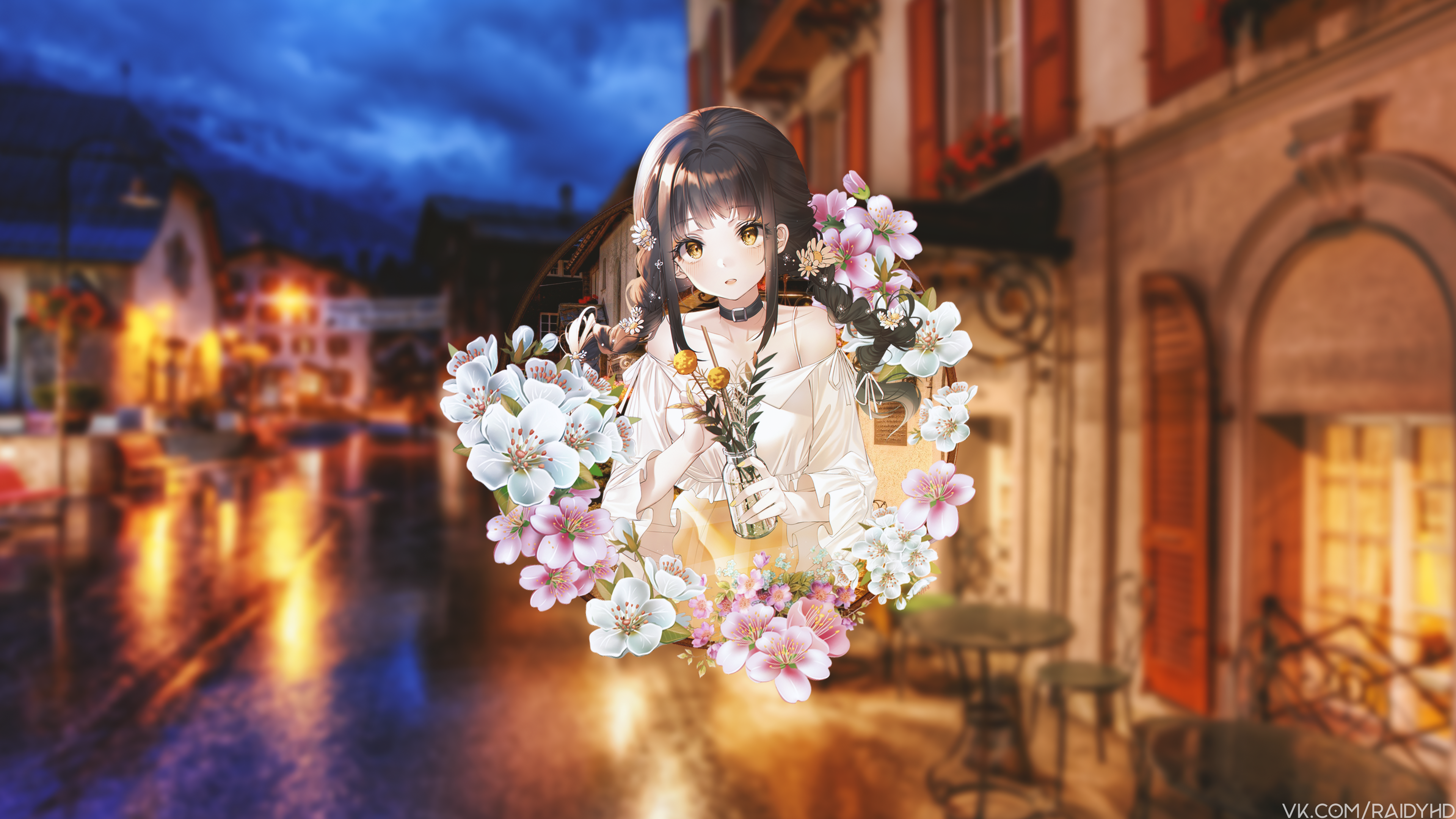 Anime girl with flowers in front of a European street HD Wallpaper