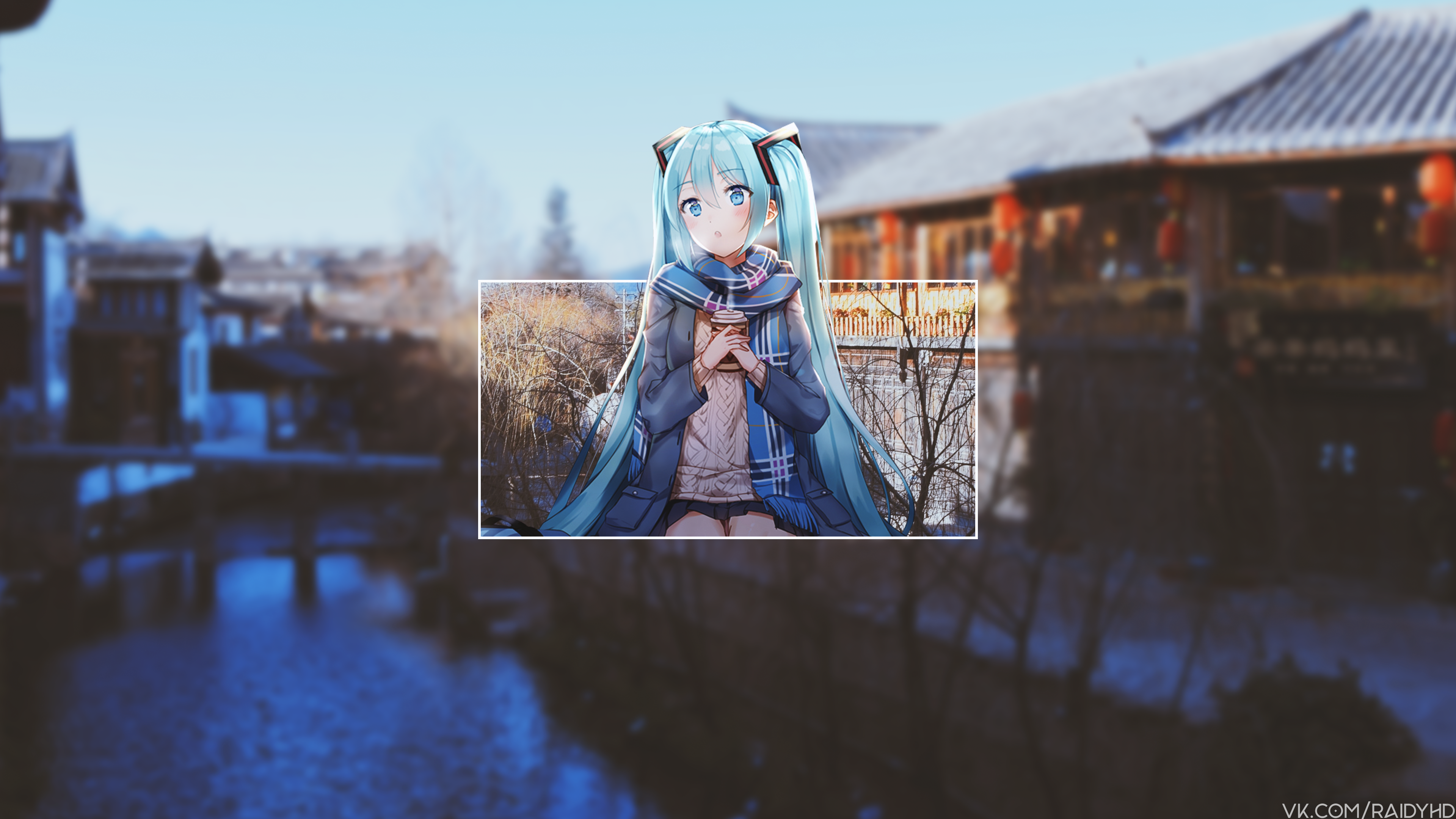 Hatsune Miku with Coffee in Traditional Town HD Wallpaper