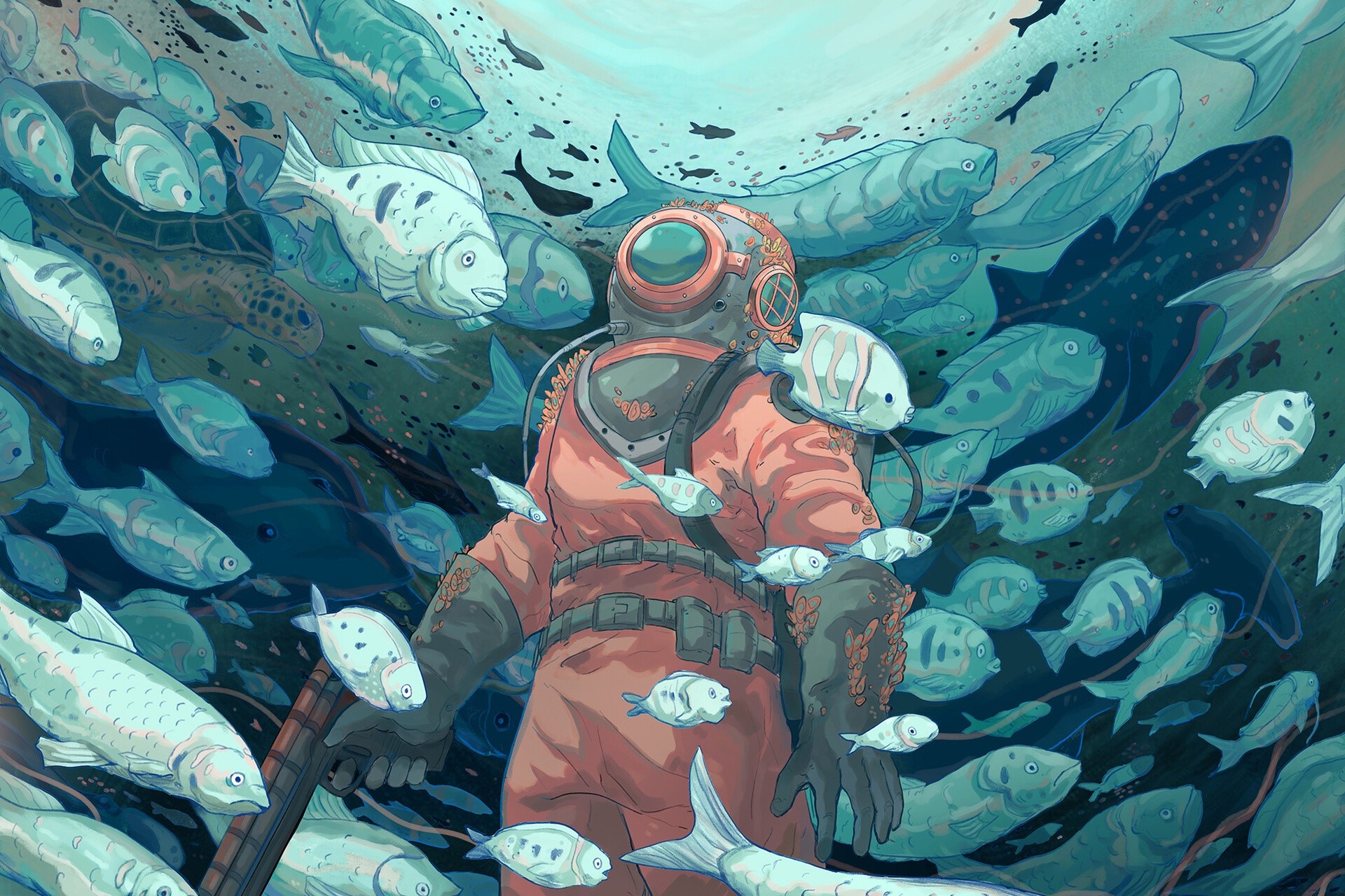 Diver surrounded by fish in a blue underwater scene HD Wallpaper