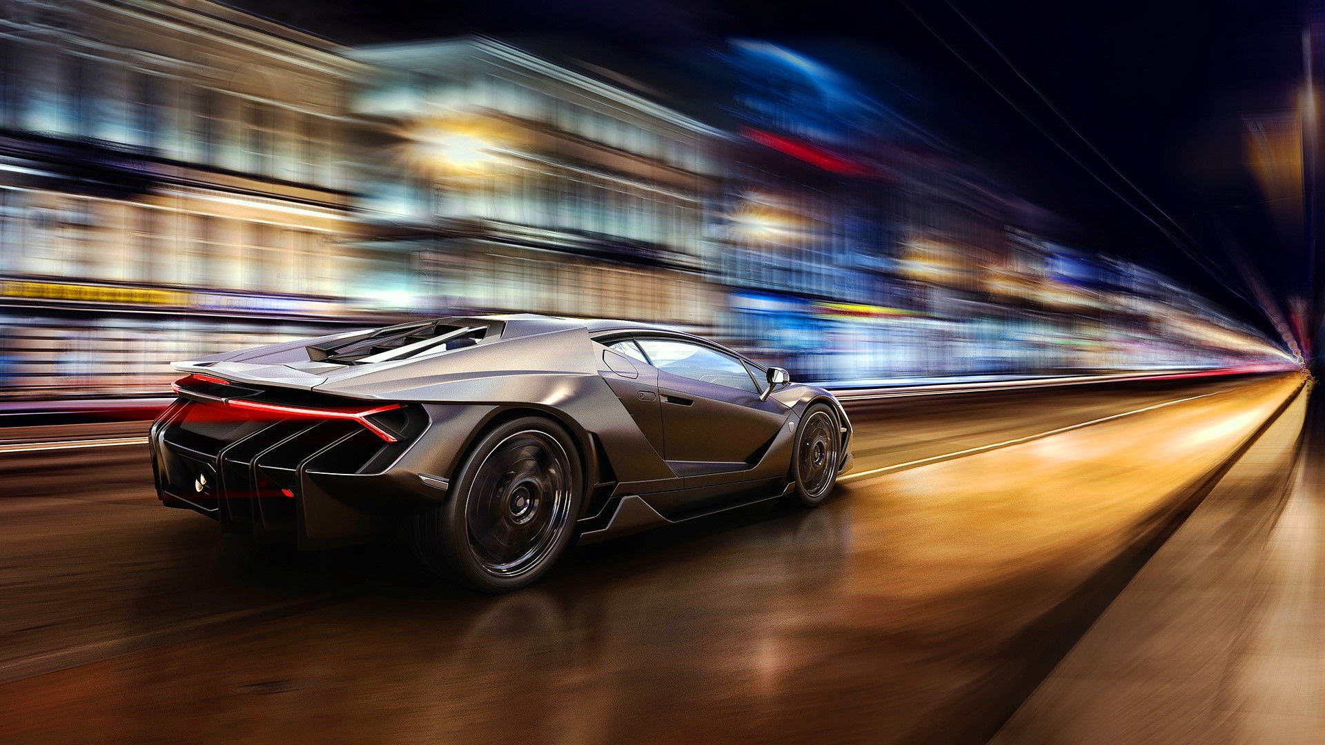 Lamborghini Centenario driving through a city at night HD Wallpaper