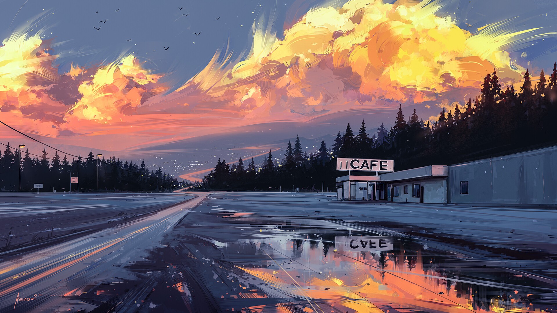Cafe by the Road at Sunset with Dramatic Clouds HD Wallpaper