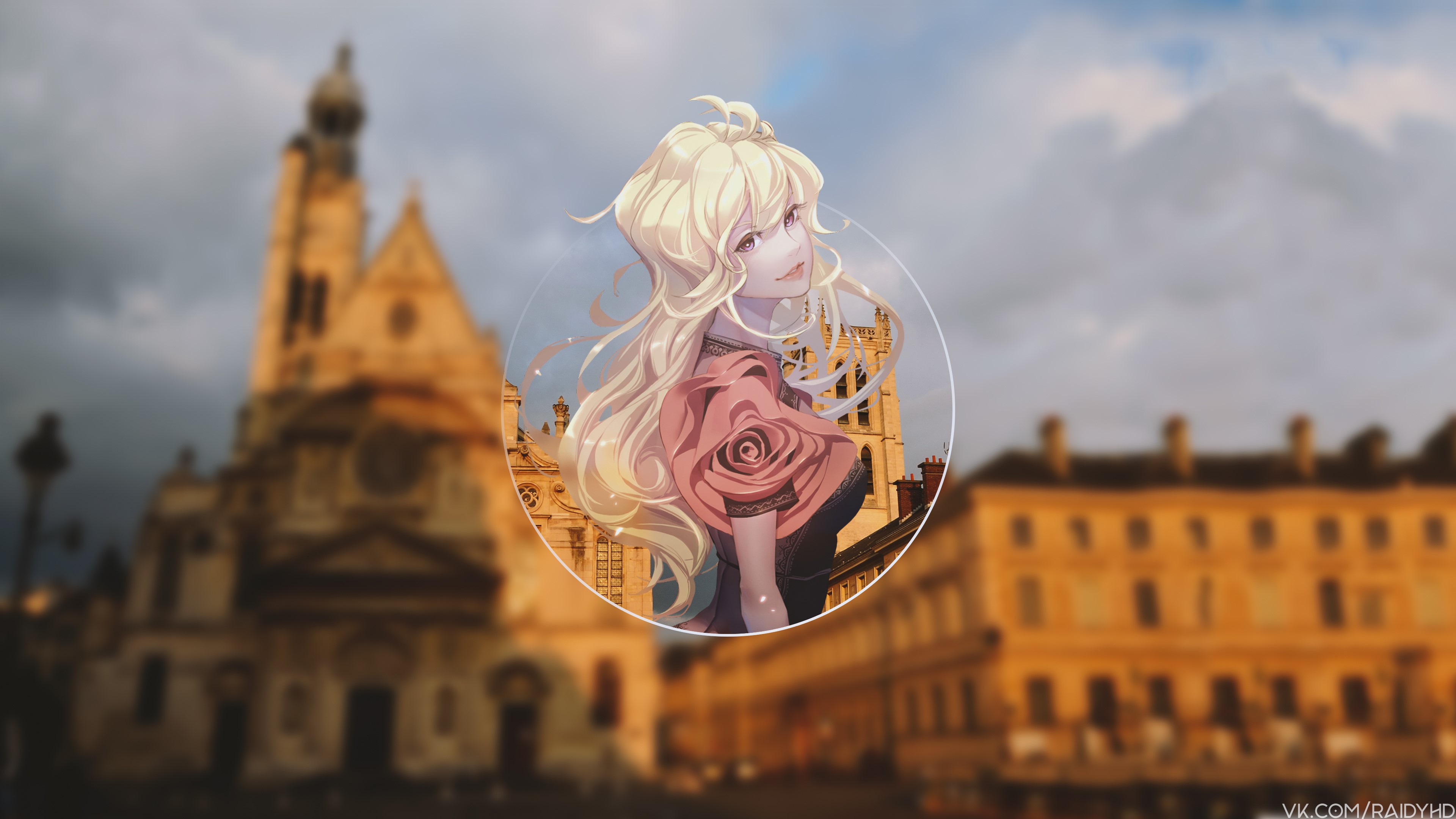 Anime girl with blonde hair in a pink dress HD Wallpaper