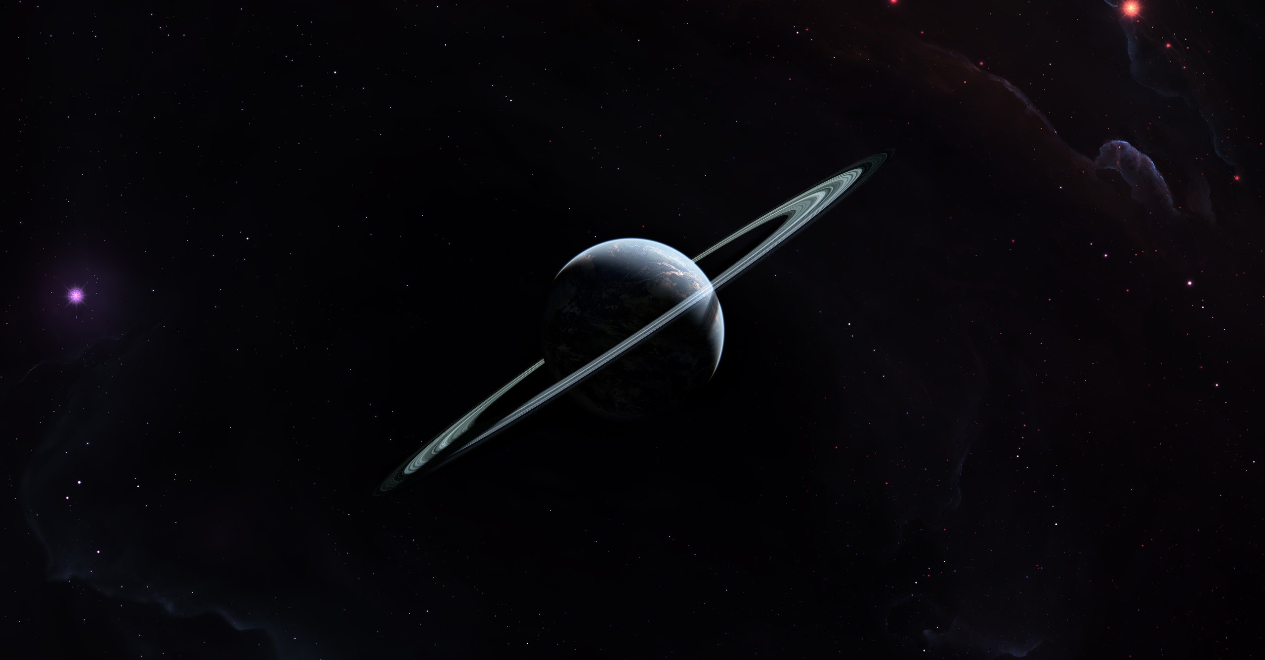 Planet with rings in deep space with nebulae HD Wallpaper