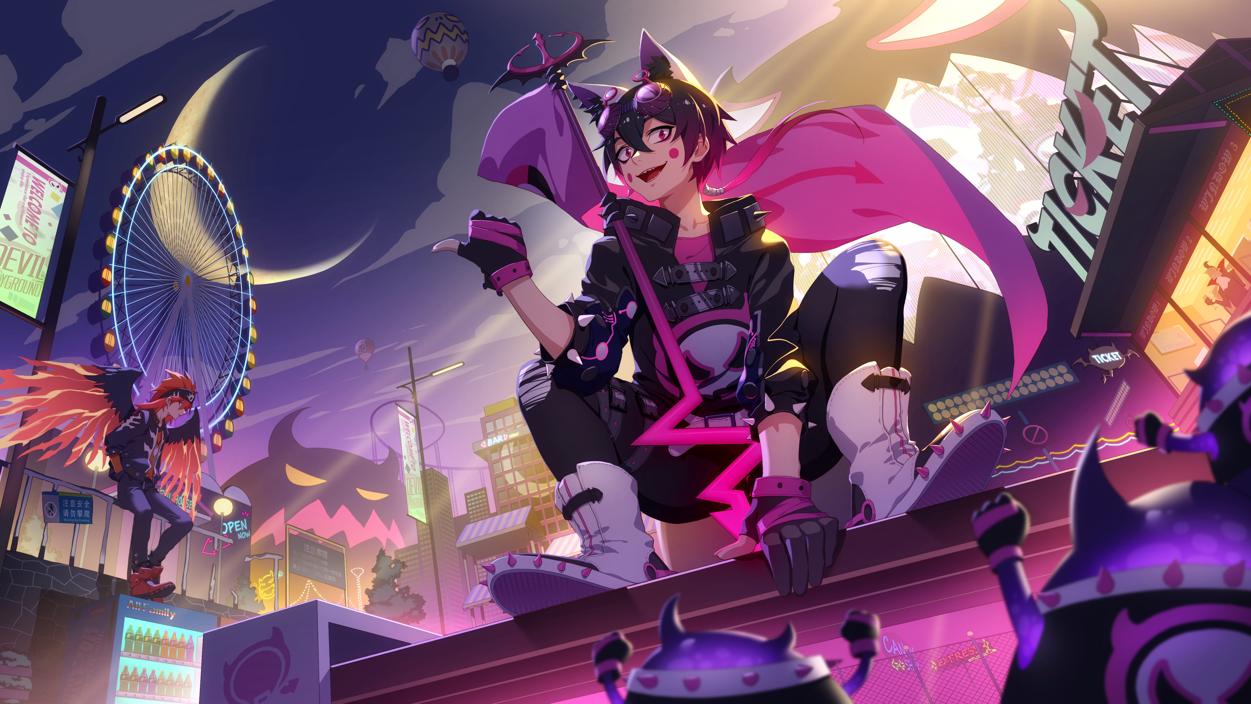 Anime characters with cat ears and wings at amusement park HD Wallpaper