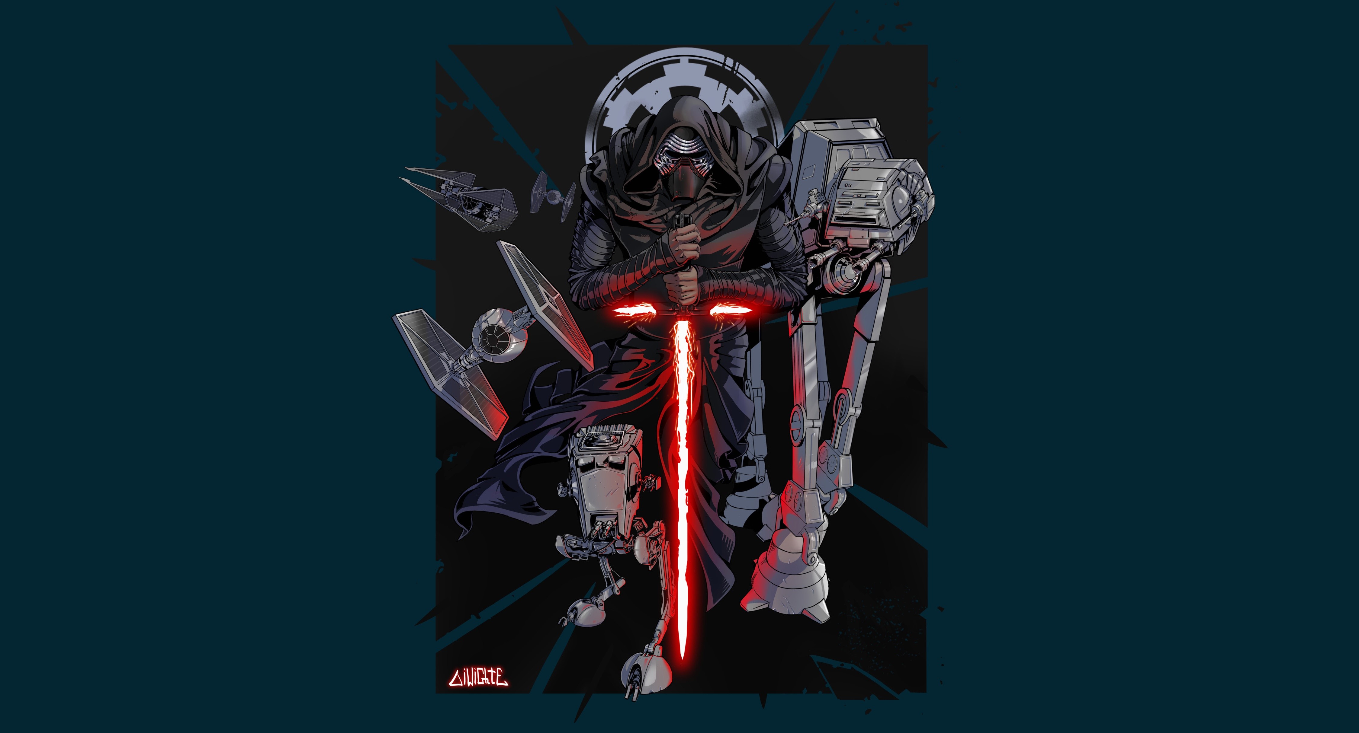 Kylo Ren from Star Wars with AT-ST and TIE Fighters HD Wallpaper