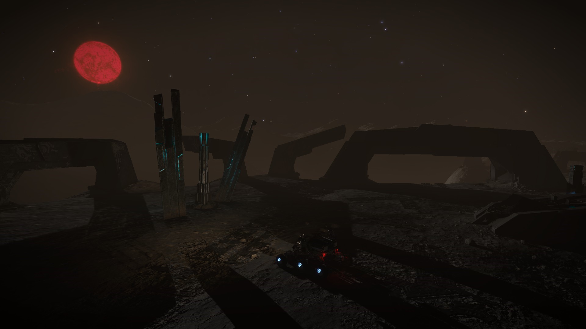 Elite: Dangerous screenshot of alien ruins and a red sun HD Wallpaper