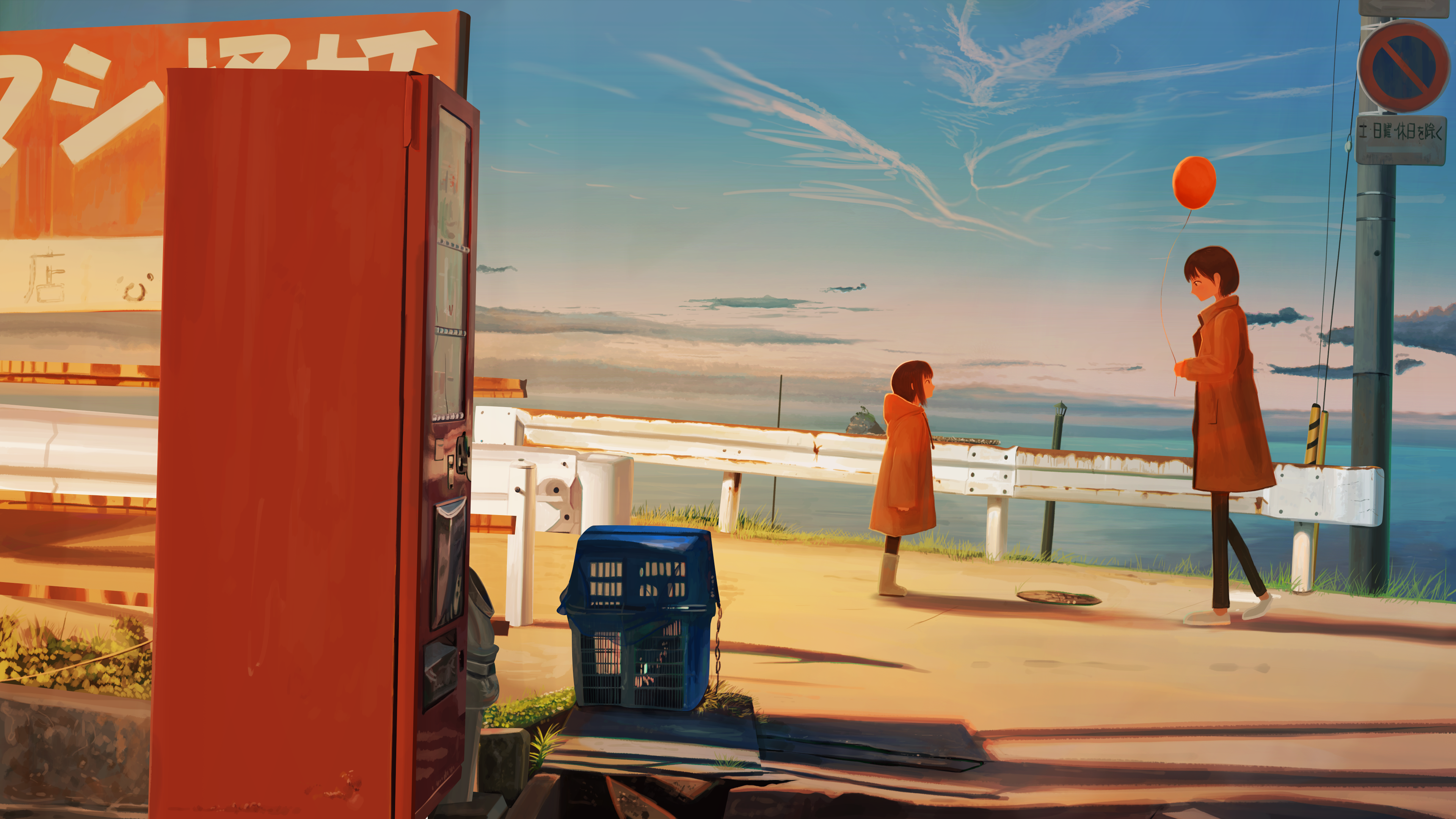 Anime girls with balloon by vending machine HD Wallpaper