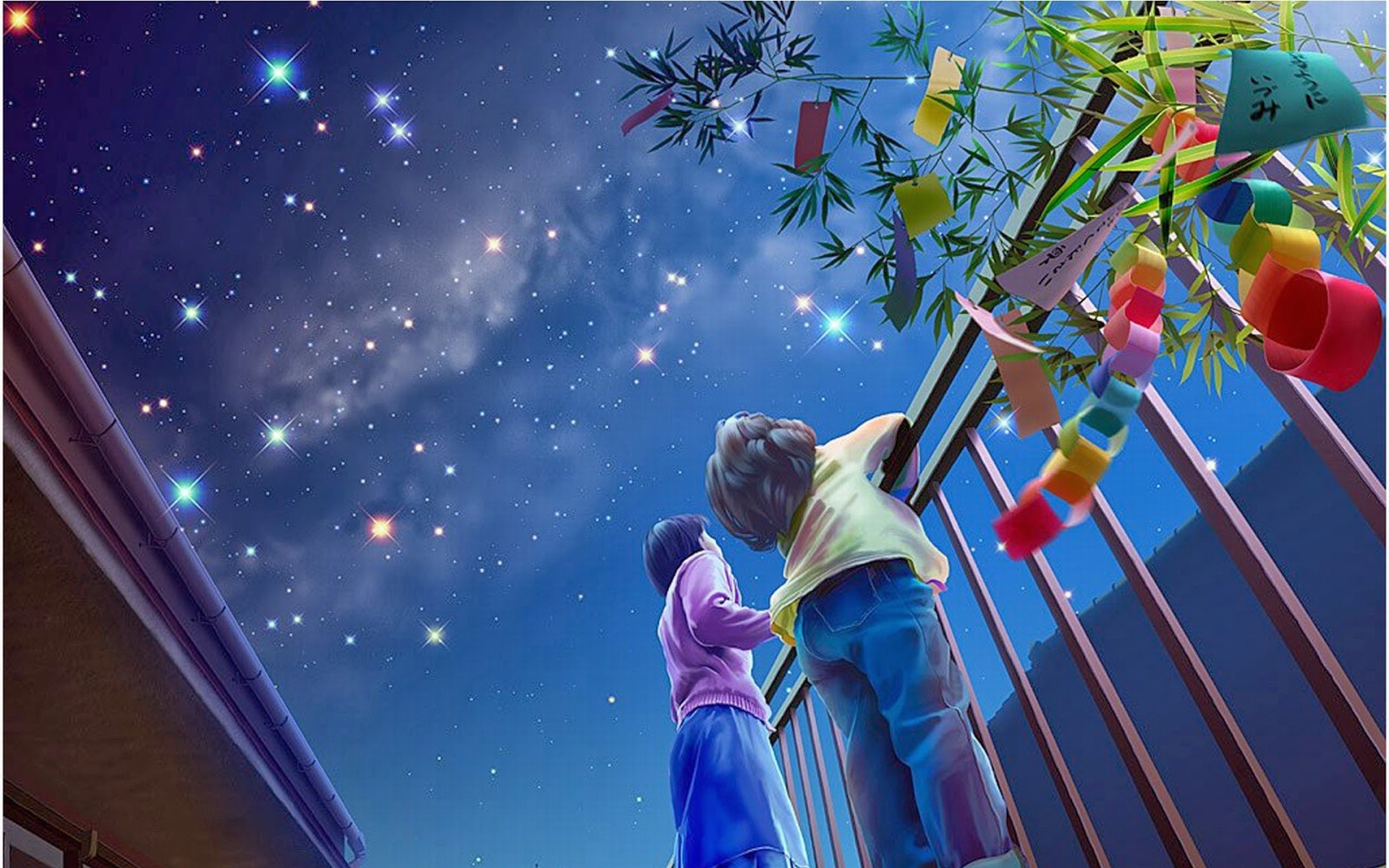 Anime children looking at stars and Tanabata decorations HD Wallpaper