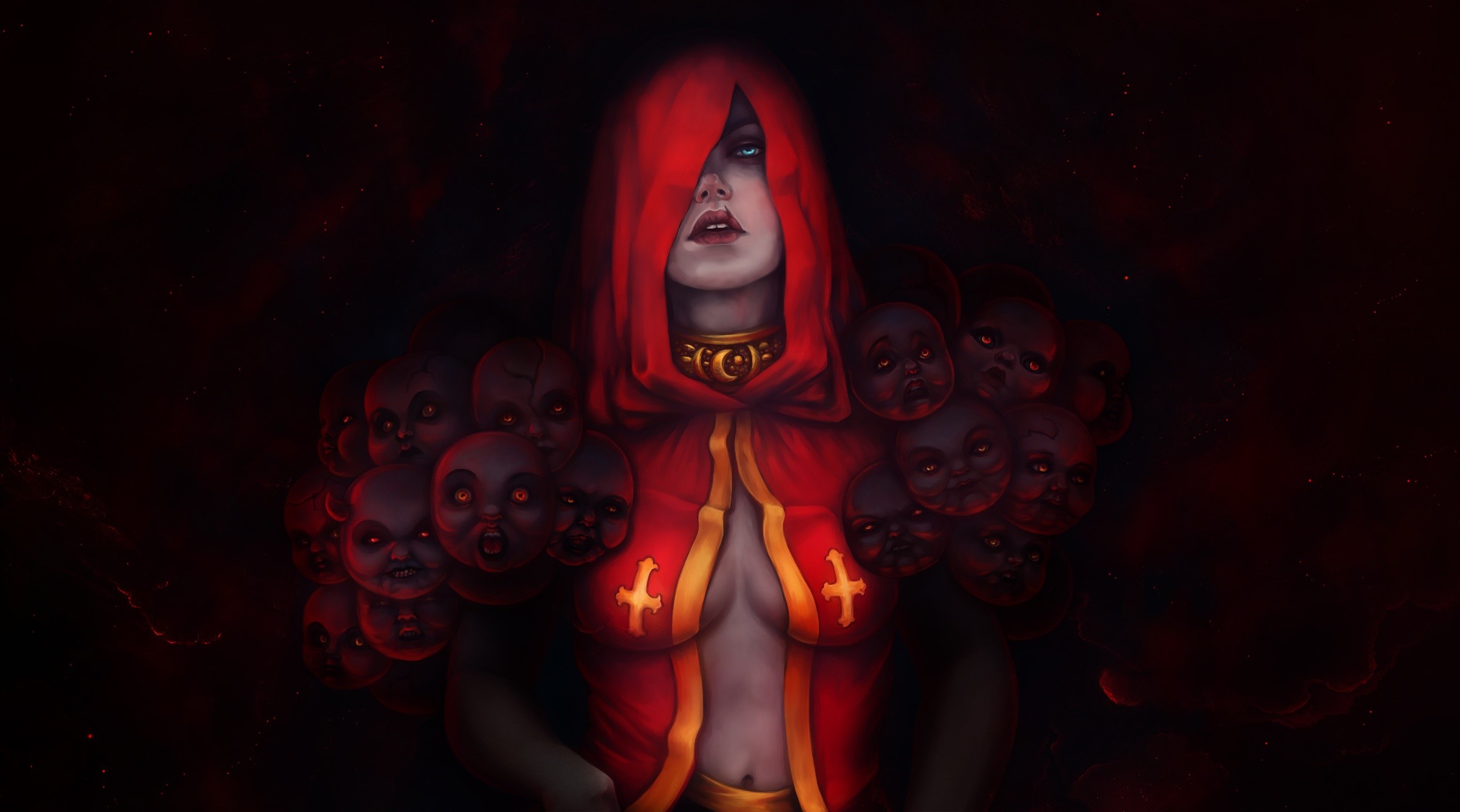 Woman in red hood with doll heads HD Wallpaper
