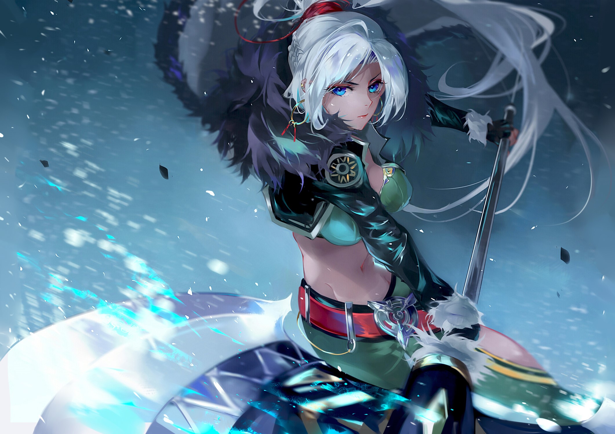 Anime girl with white hair and blue eyes holding a weapon HD Wallpaper