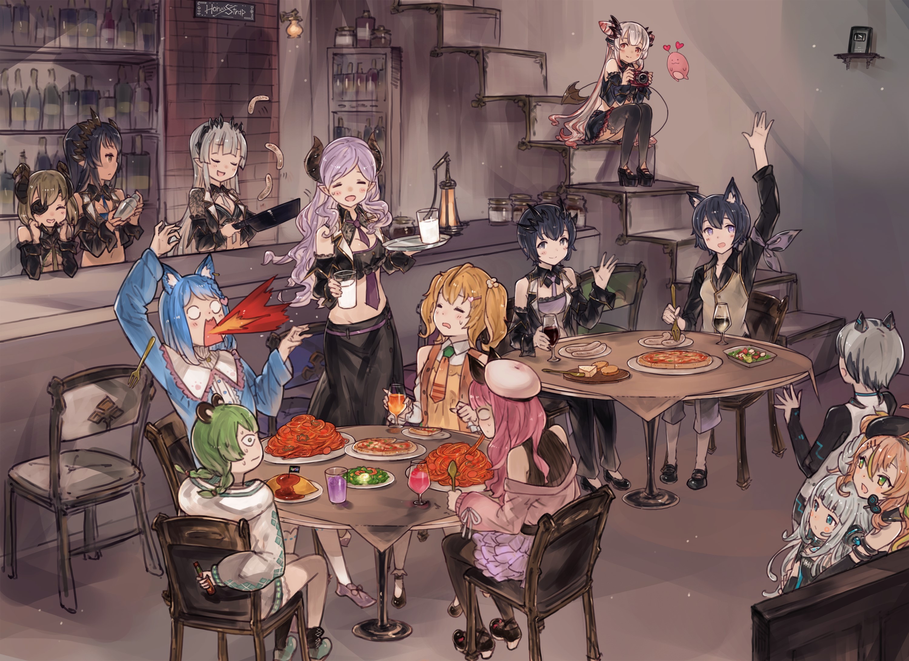 Anime girls at a restaurant with food HD Wallpaper