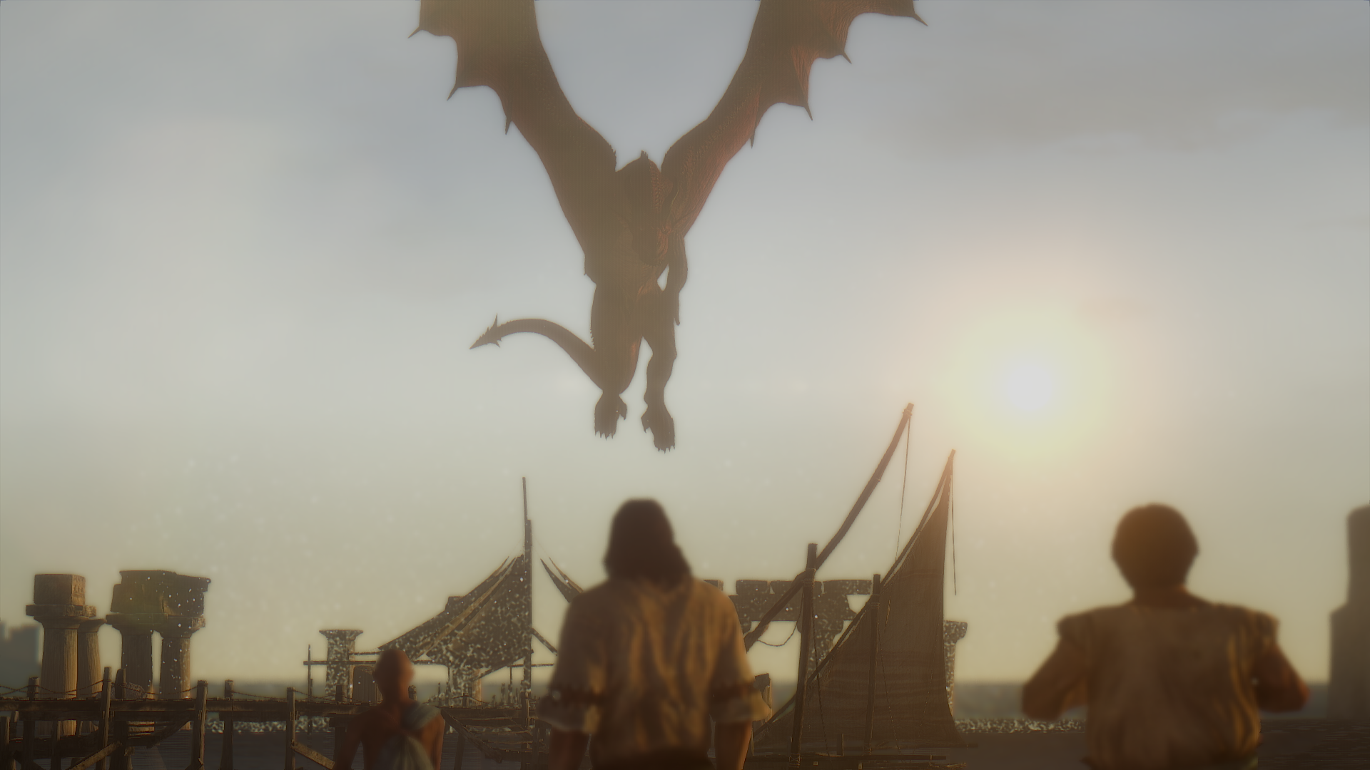 Dragon flying over a harbor with people watching HD Wallpaper