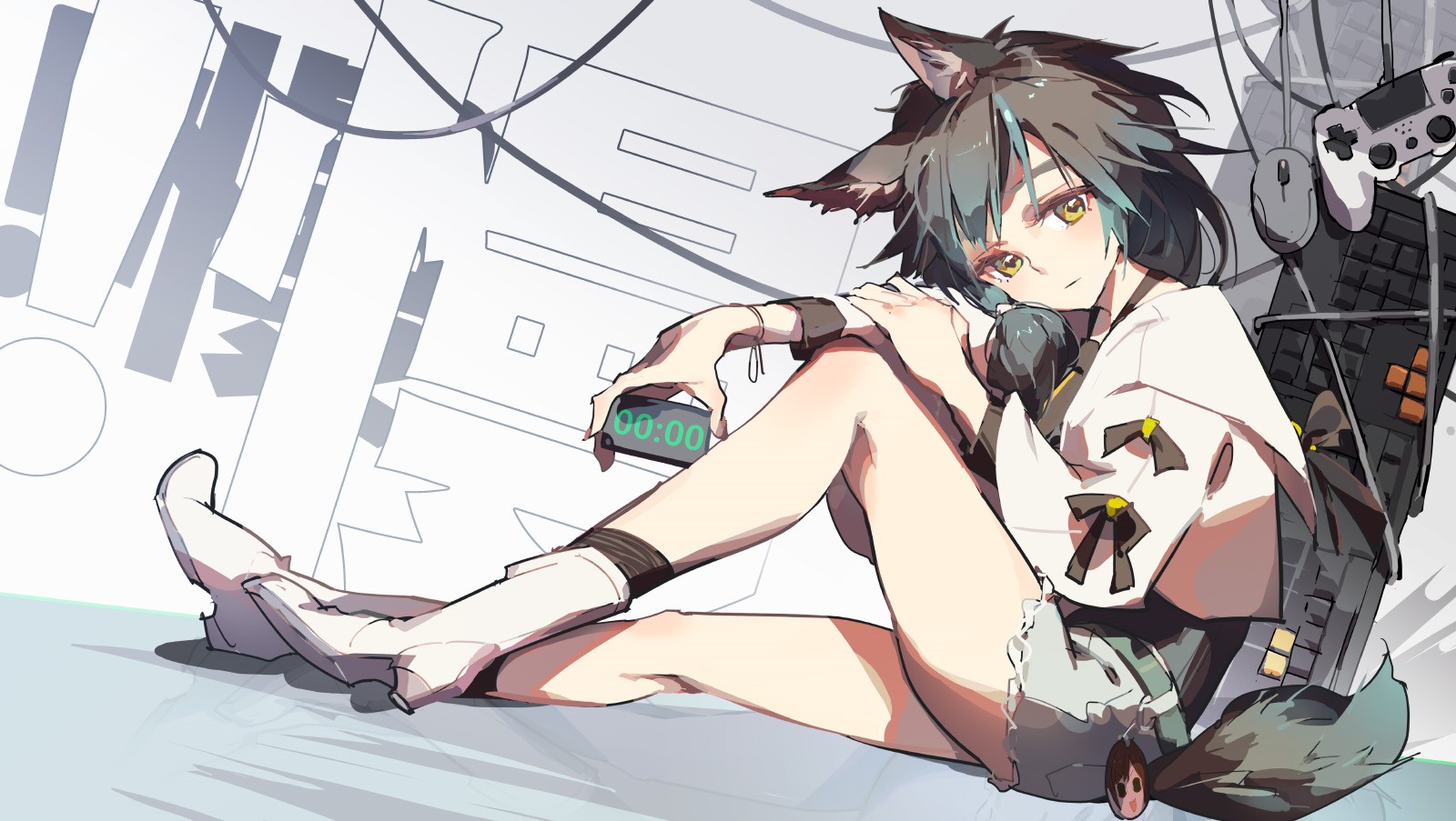 Anime girl with wolf ears and gaming peripherals HD Wallpaper