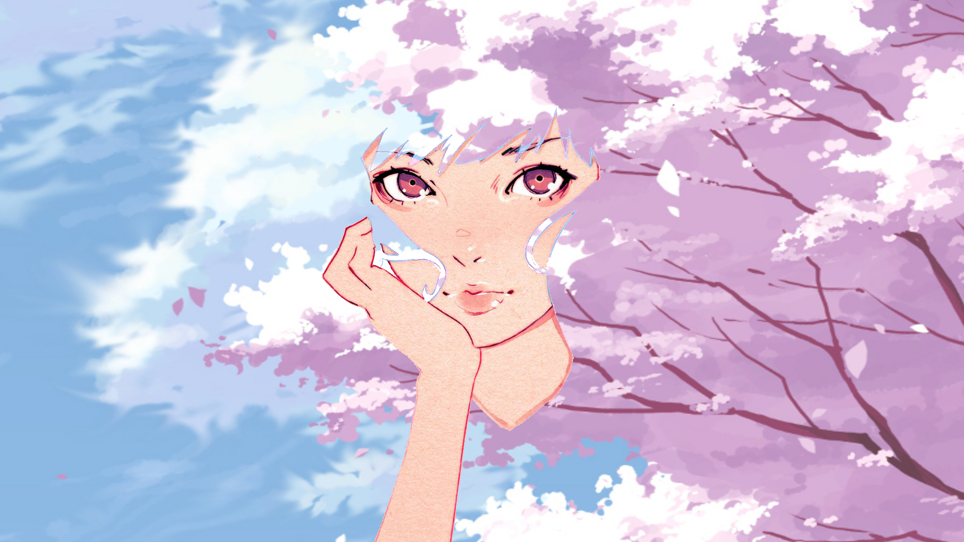 Girl with hand on face among cherry blossoms HD Wallpaper
