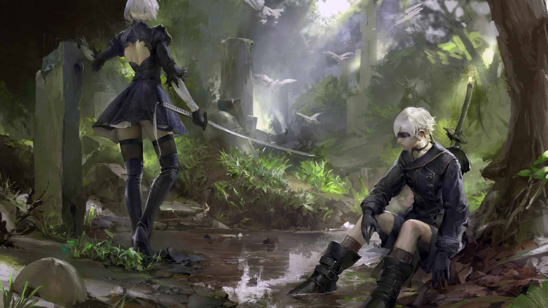 2B and 9S from Nier: Automata in a forest HD Wallpaper