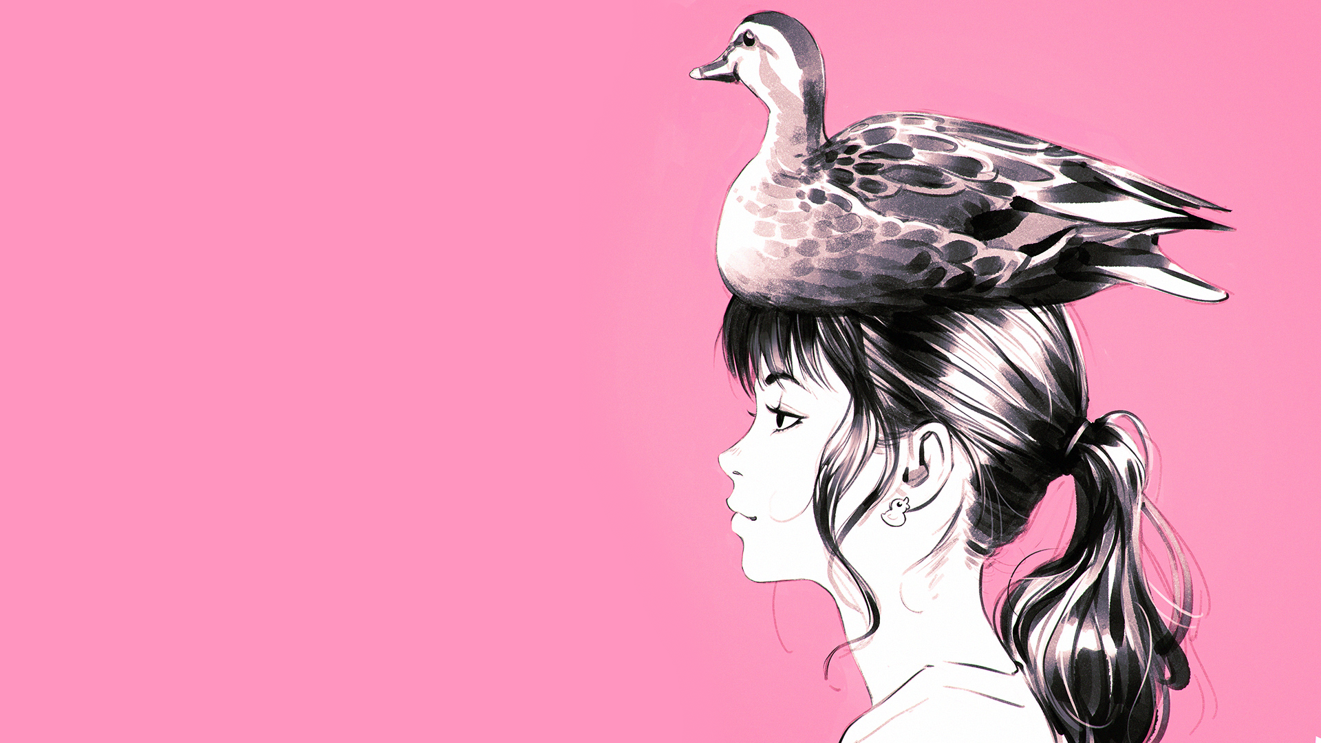 Girl with a duck on her head by Ilya Kuvshinov HD Wallpaper