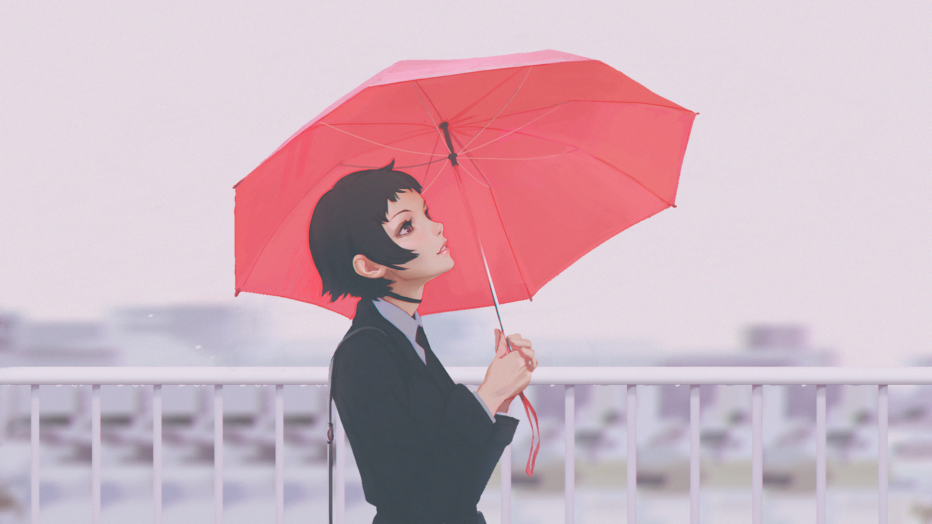 Woman with red umbrella in the rain HD Wallpaper