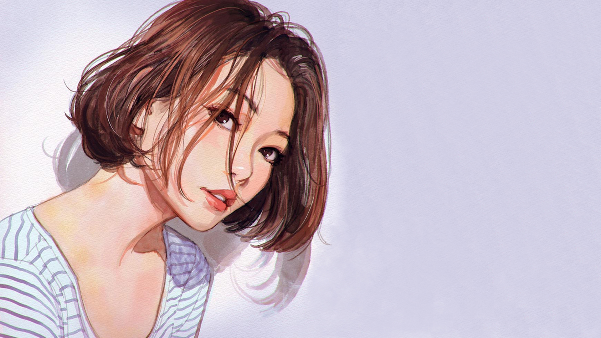 Woman with short brown hair by Ilya Kuvshinov HD Wallpaper