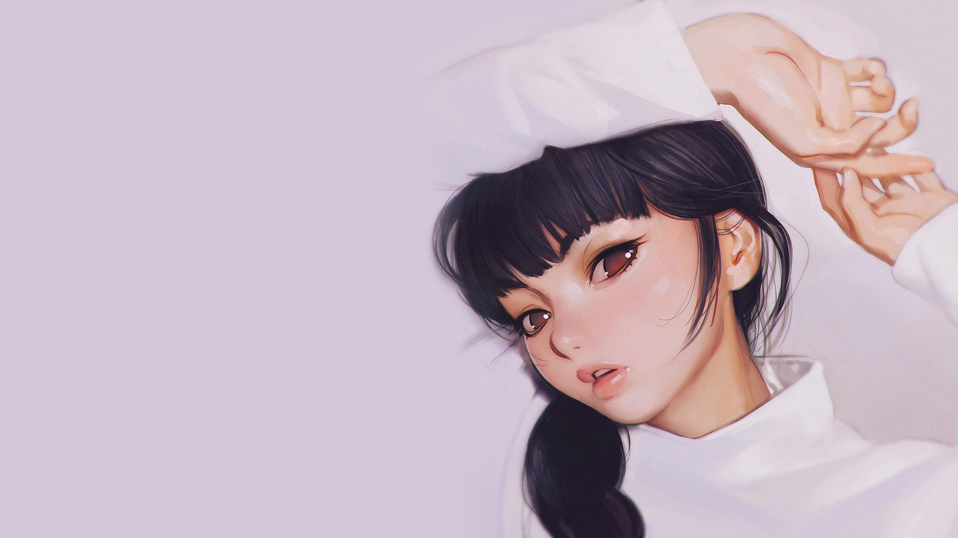 Woman with ponytail and white shirt by Ilya Kuvshinov HD Wallpaper