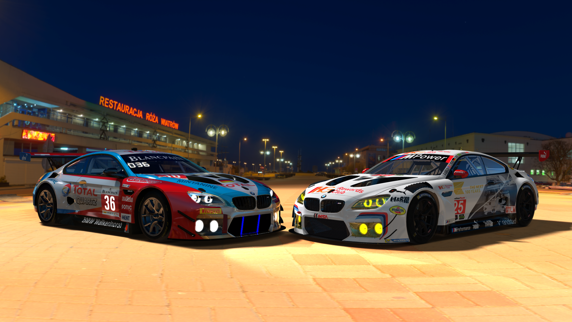 Two BMW M6 GT3 race cars at night HD Wallpaper