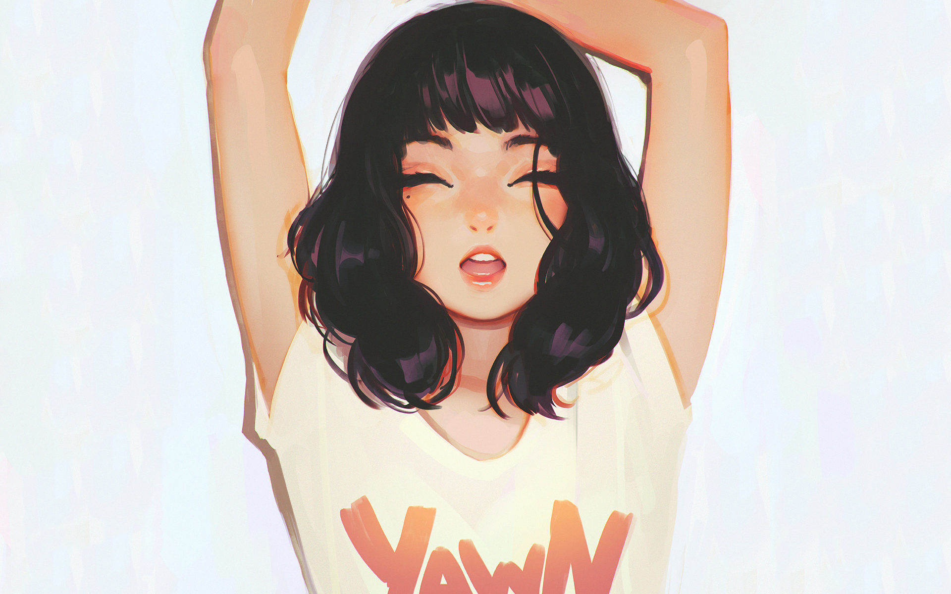 Woman with black hair yawning, arms up, wearing a T-shirt HD Wallpaper