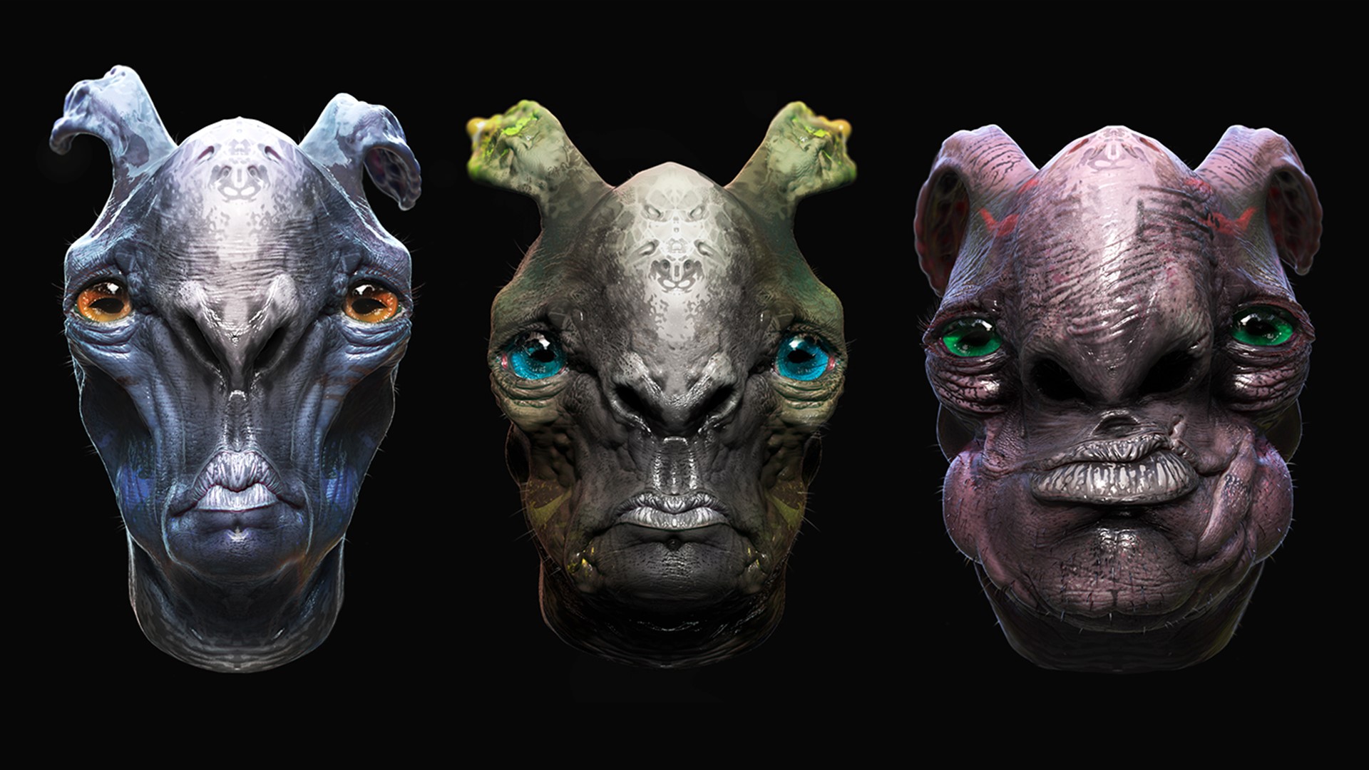Three alien creature heads on black background HD Wallpaper