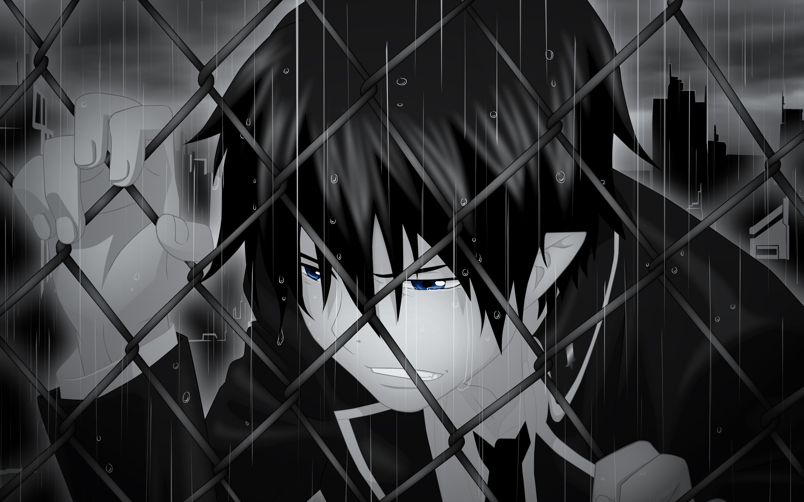 Anime boy with black hair crying behind a fence in the rain HD Wallpaper
