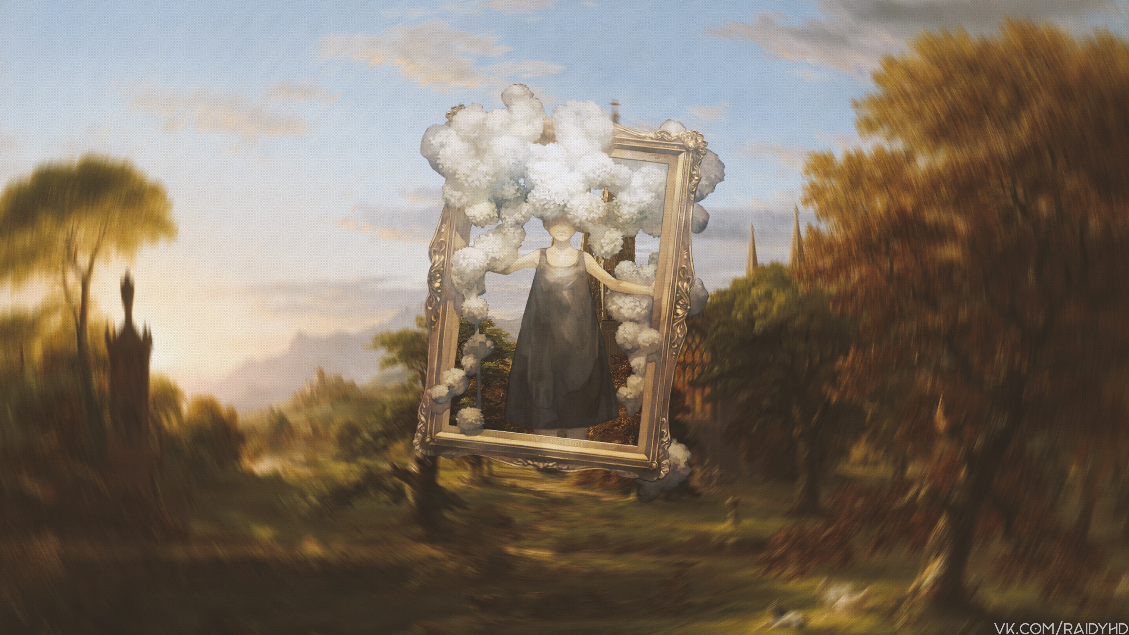 Anime girl in a frame with clouds HD Wallpaper