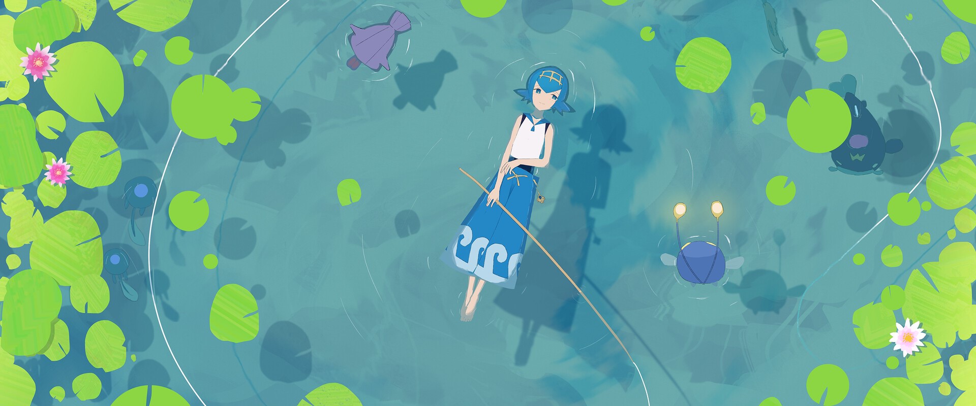 Lana from Pokémon fishing in a pond with Pokémon HD Wallpaper