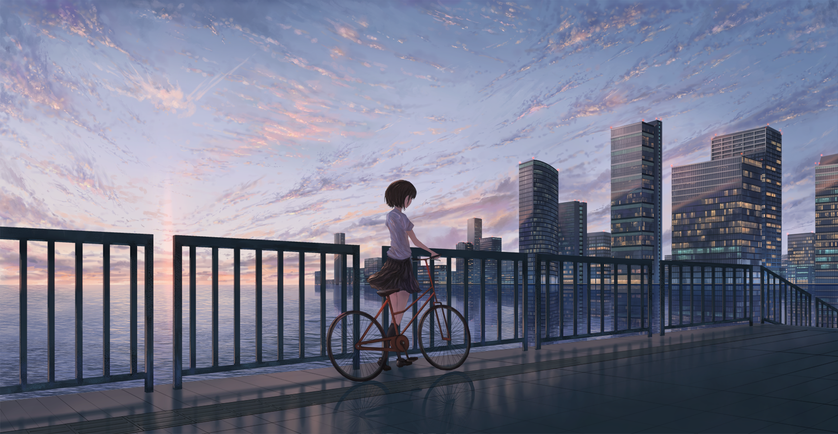 Anime girl with bicycle on a bridge overlooking city skyline at sunset HD Wallpaper