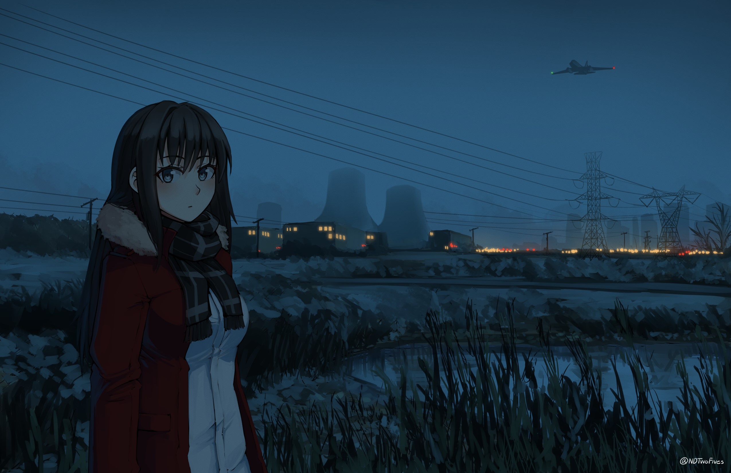 Anime girl in winter near a power plant with a jet flying overhead HD Wallpaper