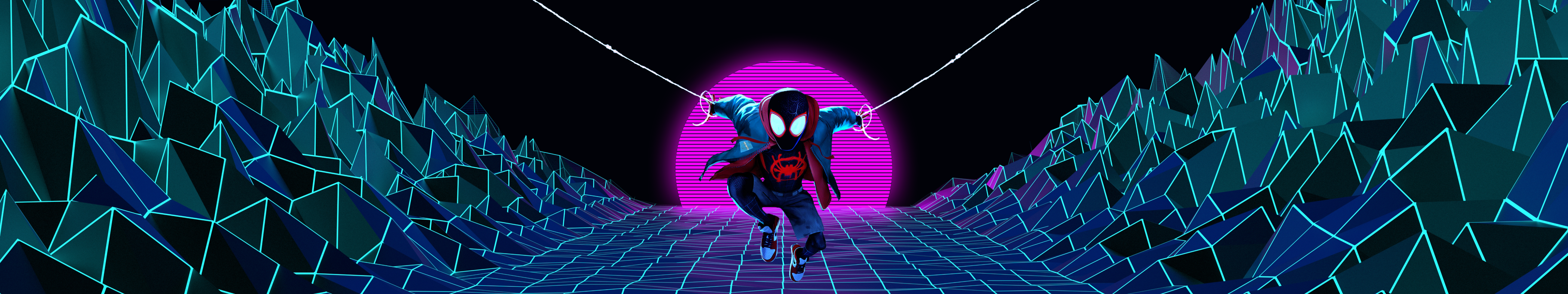 Spider-Man from Into the Spider-Verse on a Synthwave Grid HD Wallpaper