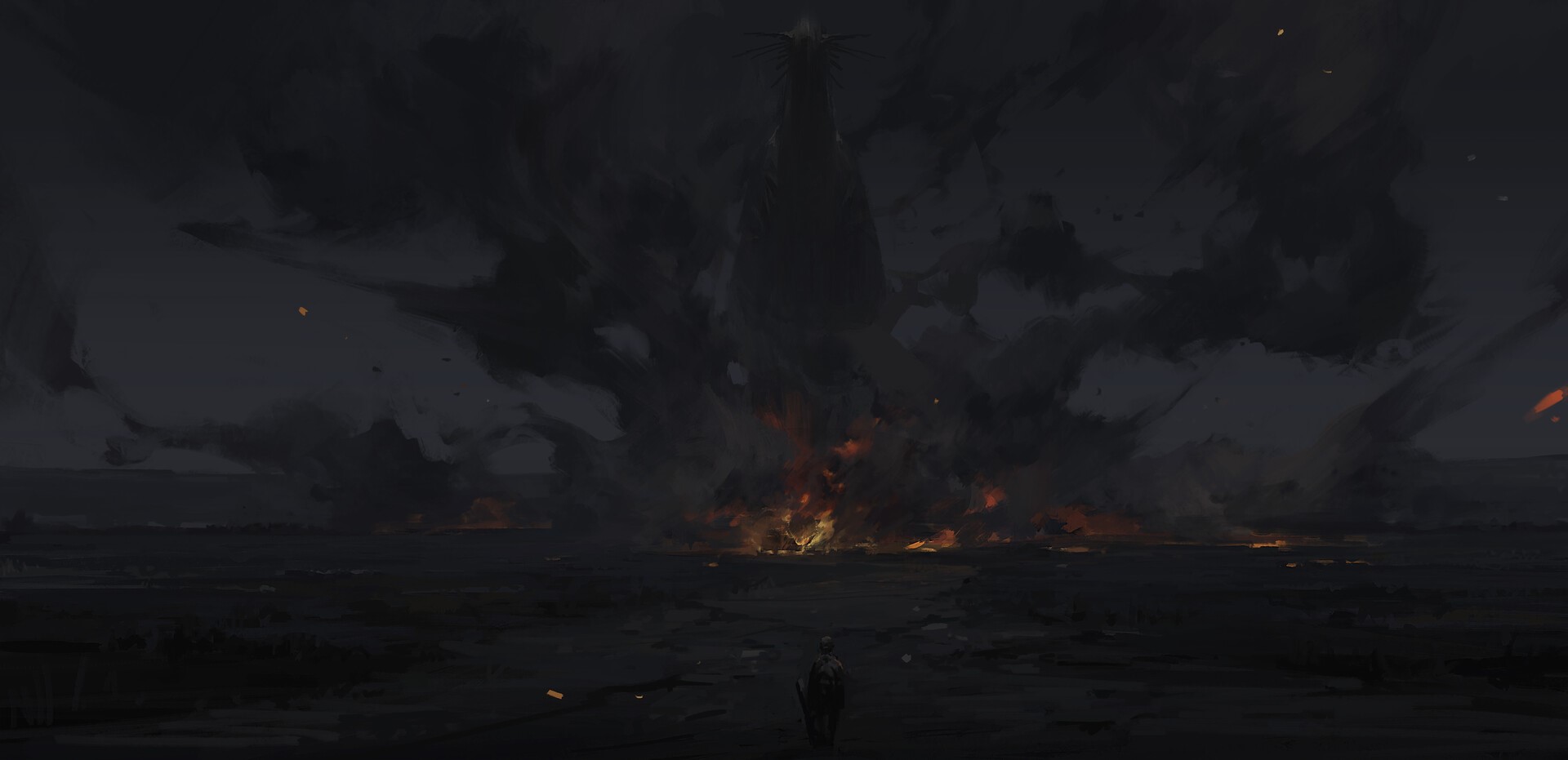 A lone figure faces a colossal, dark structure engulfed in flames HD Wallpaper