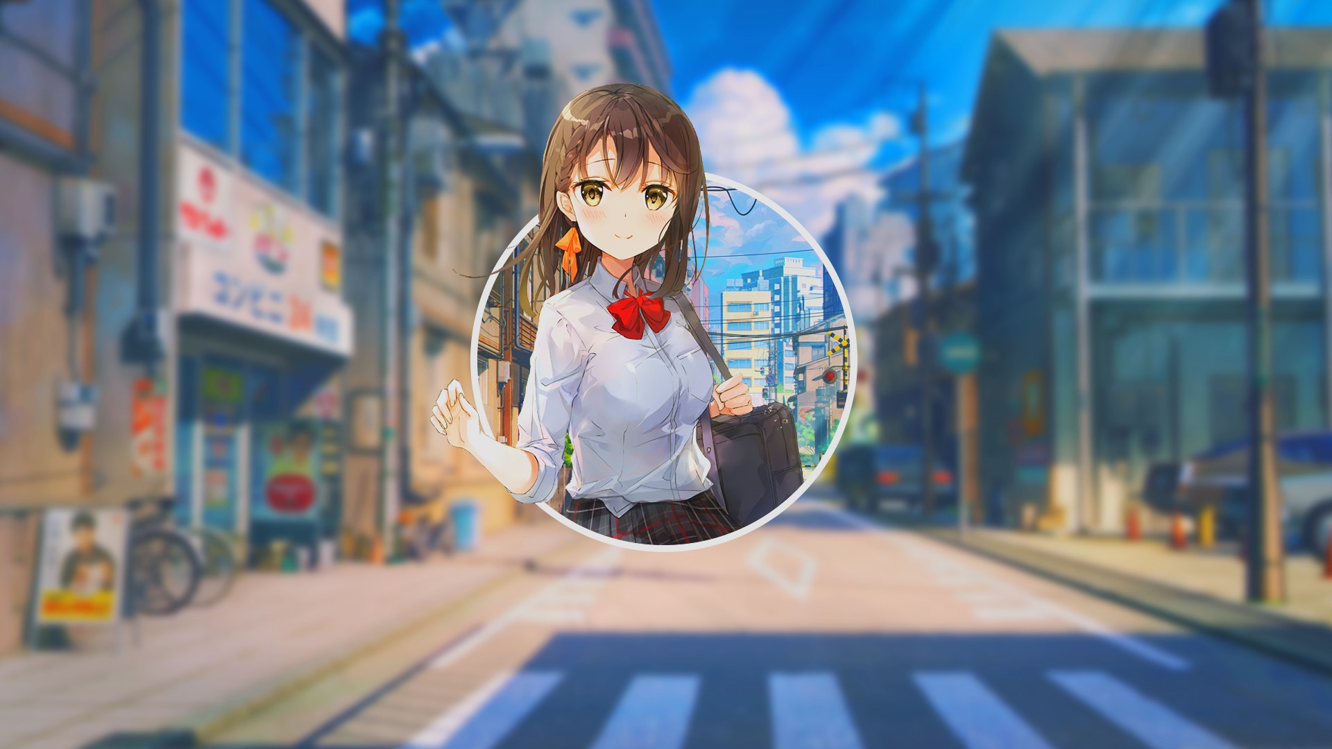 Anime schoolgirl with red bow walking in city HD Wallpaper